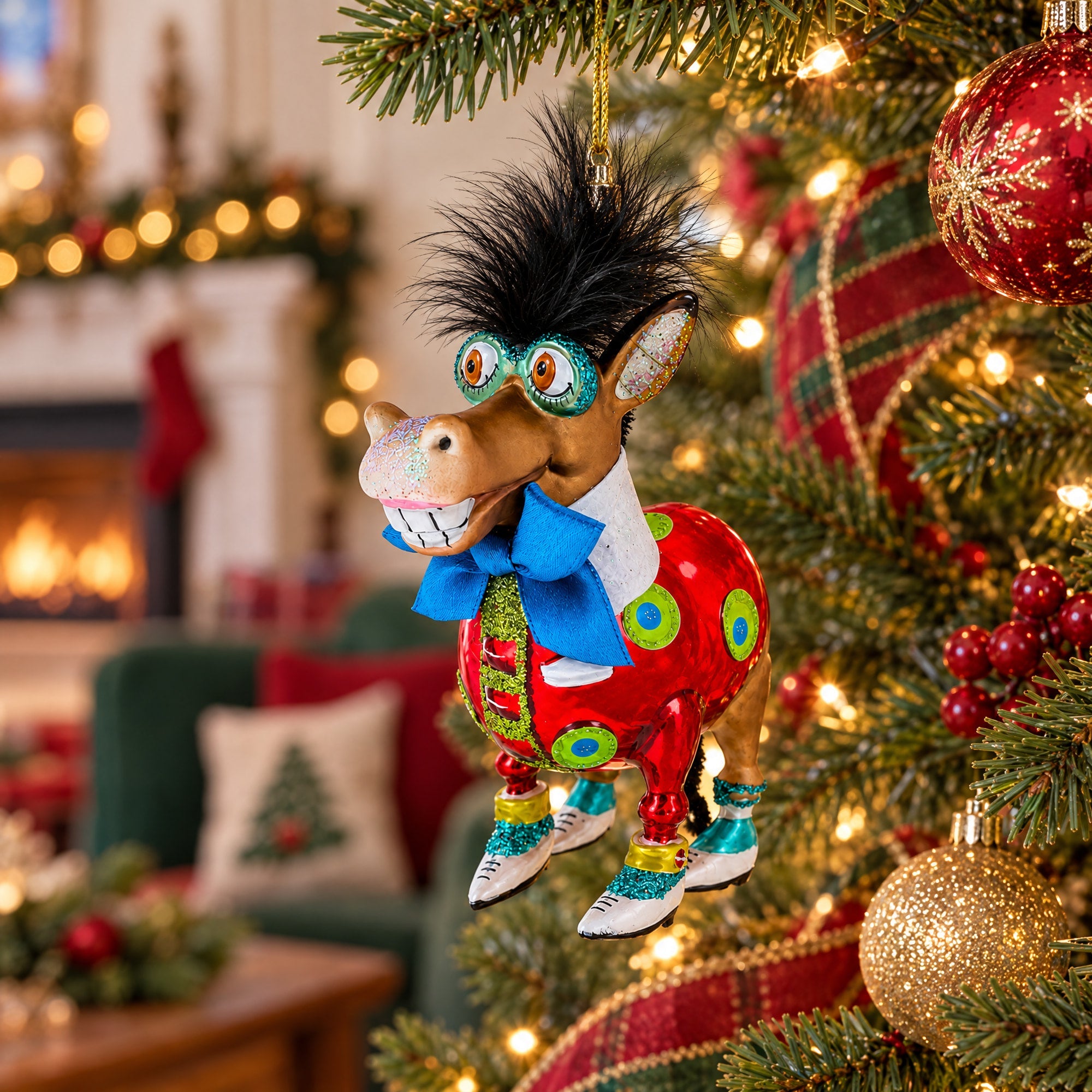 Debonair Donkey Glass Christmas Ornament