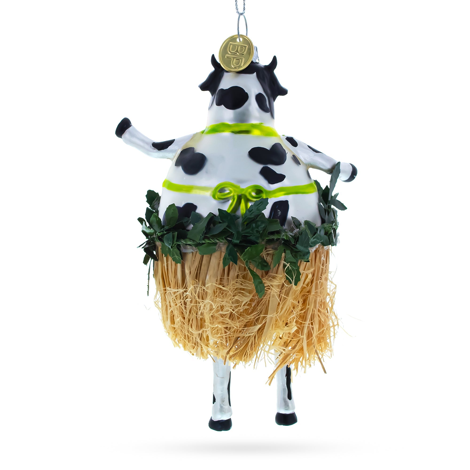 Cow in Grass Skirt and Floral Bikini Glass Christmas Ornament