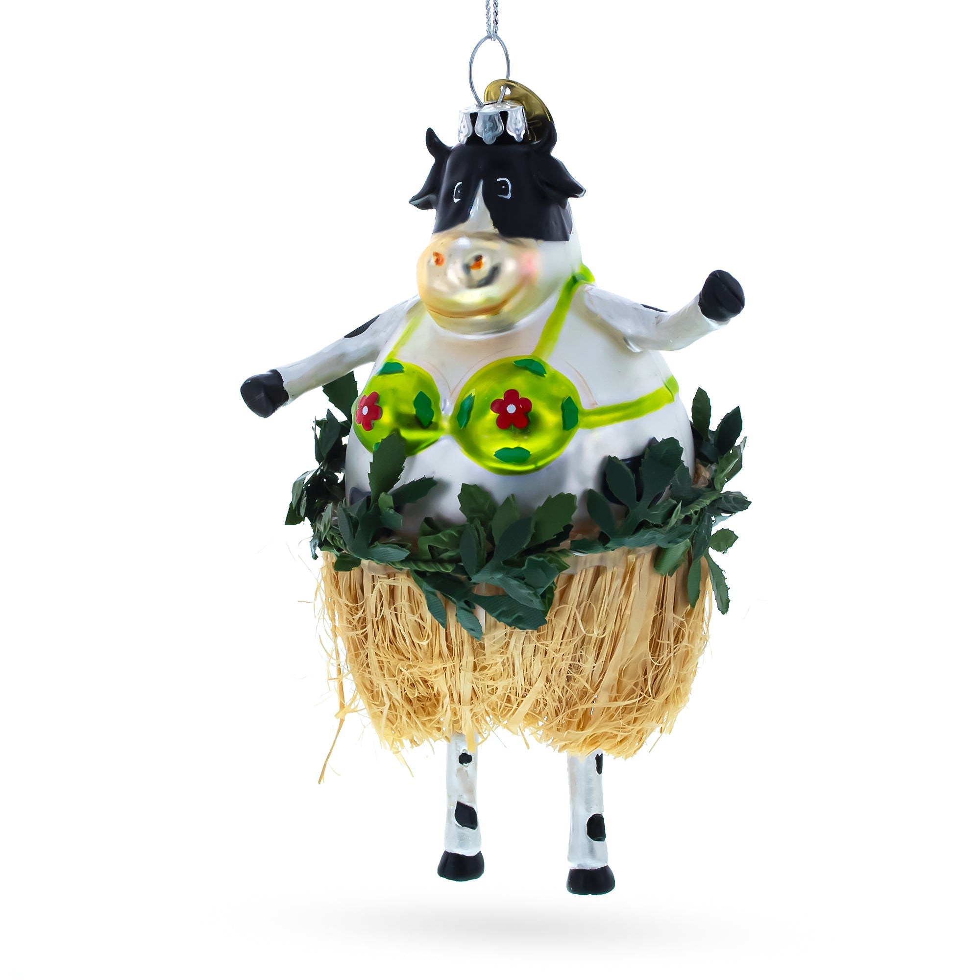 Cow in Grass Skirt and Floral Bikini Glass Christmas Ornament
