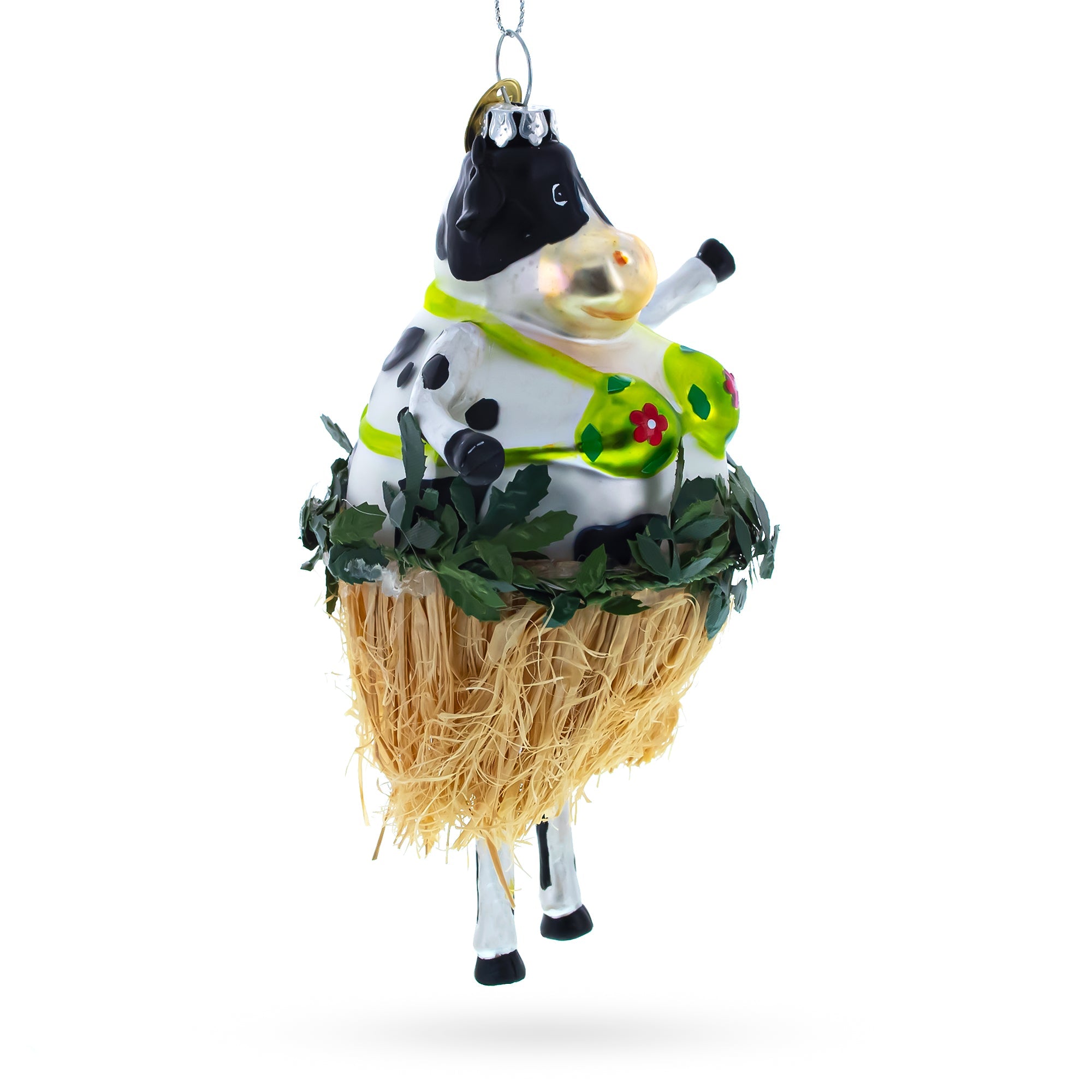 Cow in Grass Skirt and Floral Bikini Glass Christmas Ornament