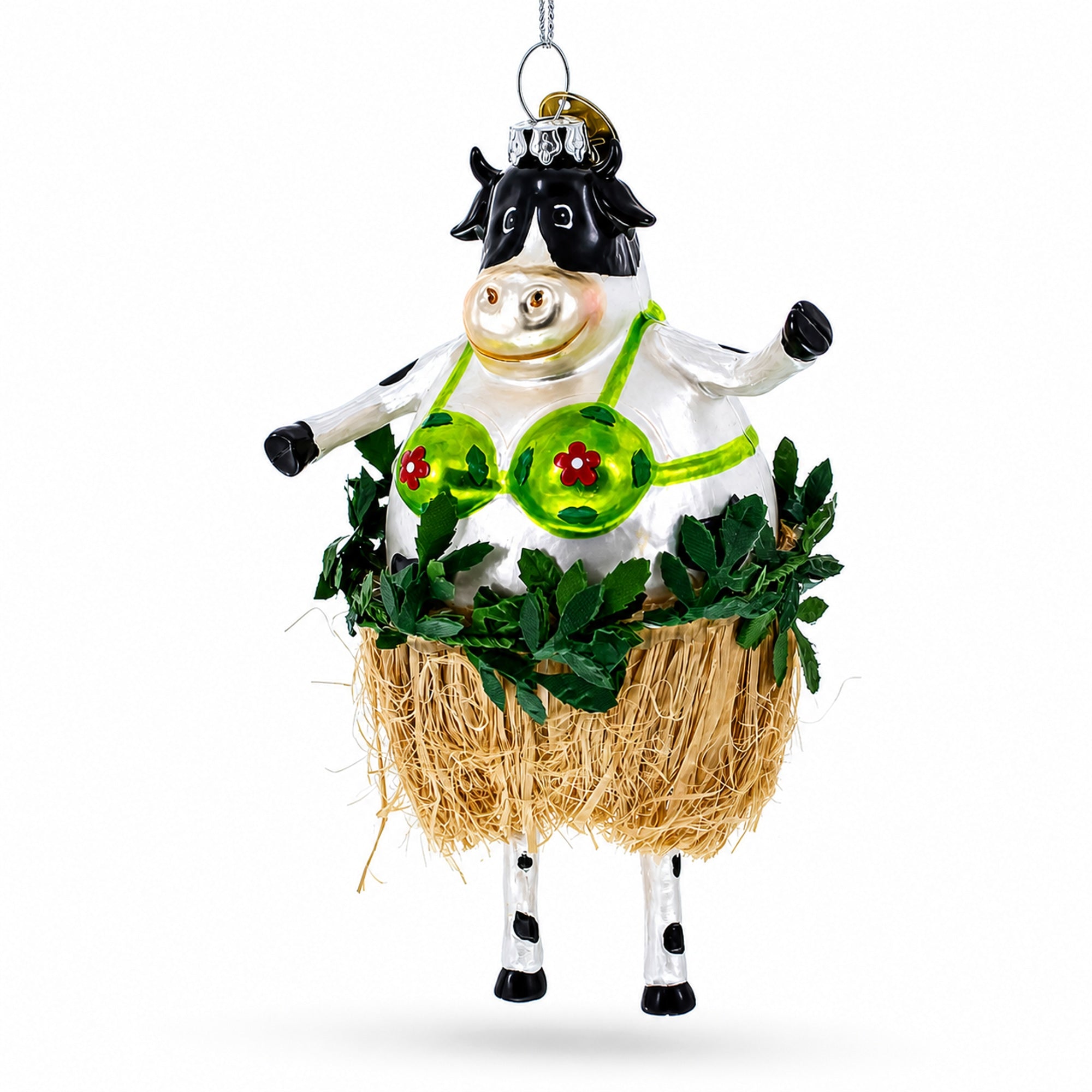 Cow in Grass Skirt and Floral Bikini Glass Christmas Ornament