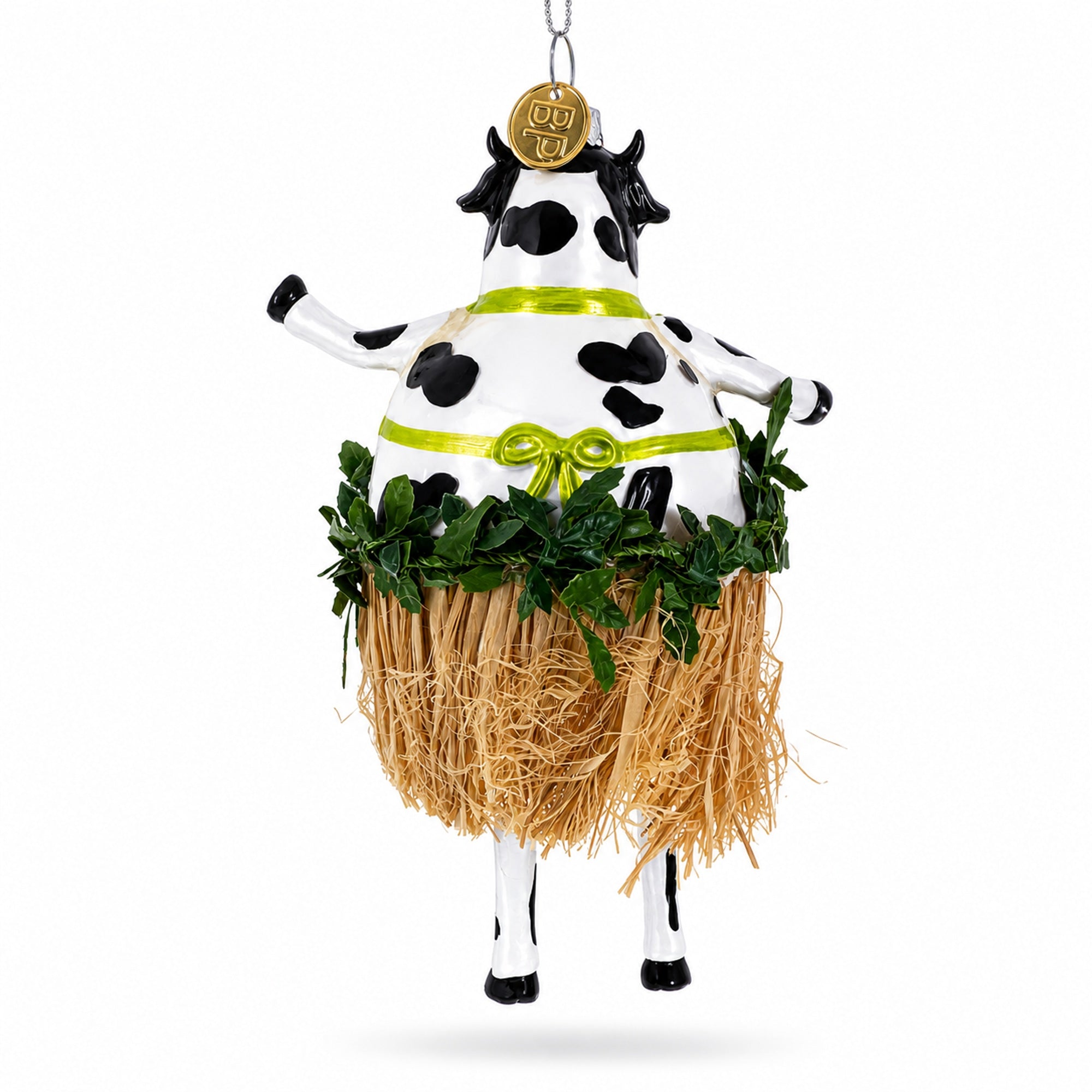 Cow in Grass Skirt and Floral Bikini Glass Christmas Ornament