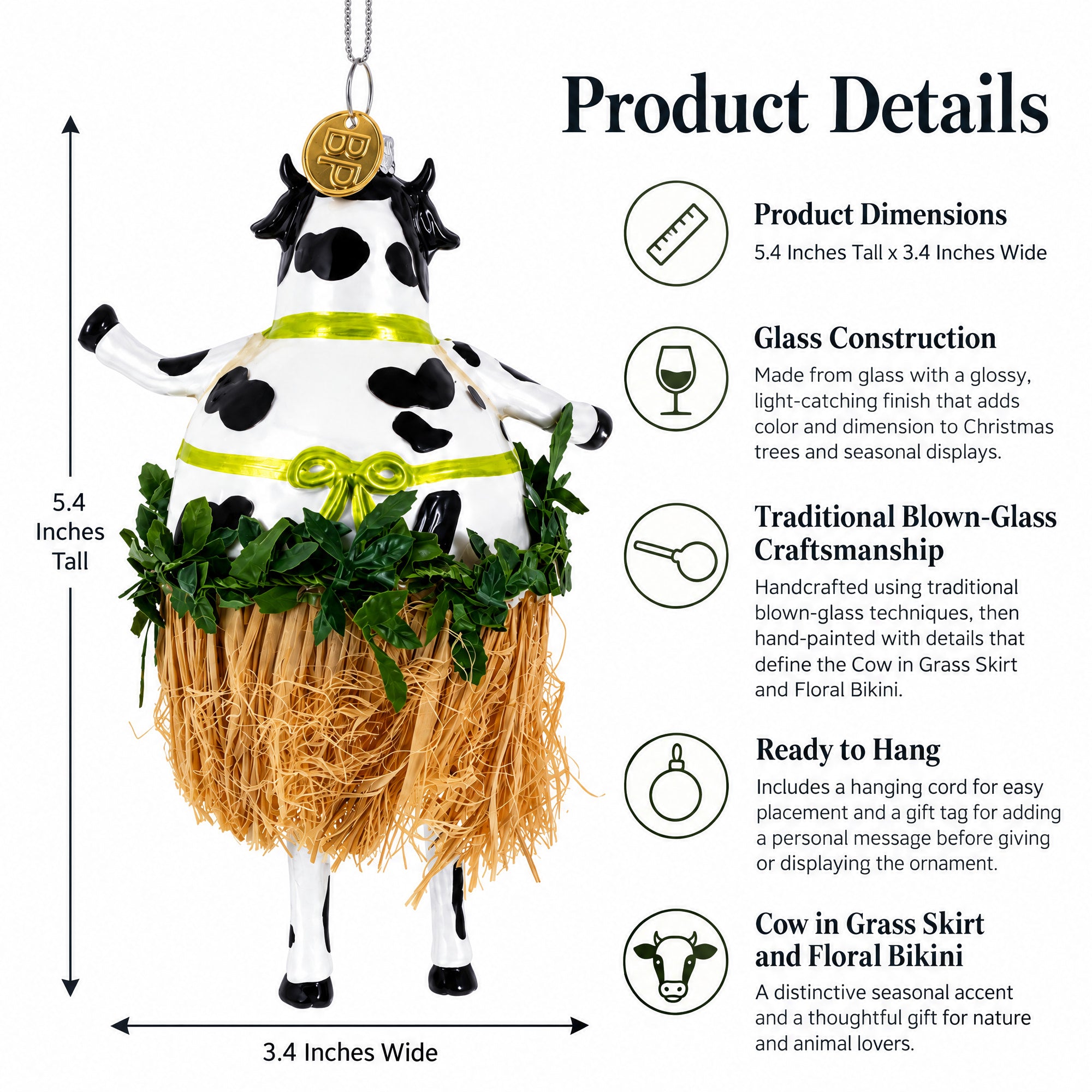 Cow in Grass Skirt and Floral Bikini Glass Christmas Ornament
