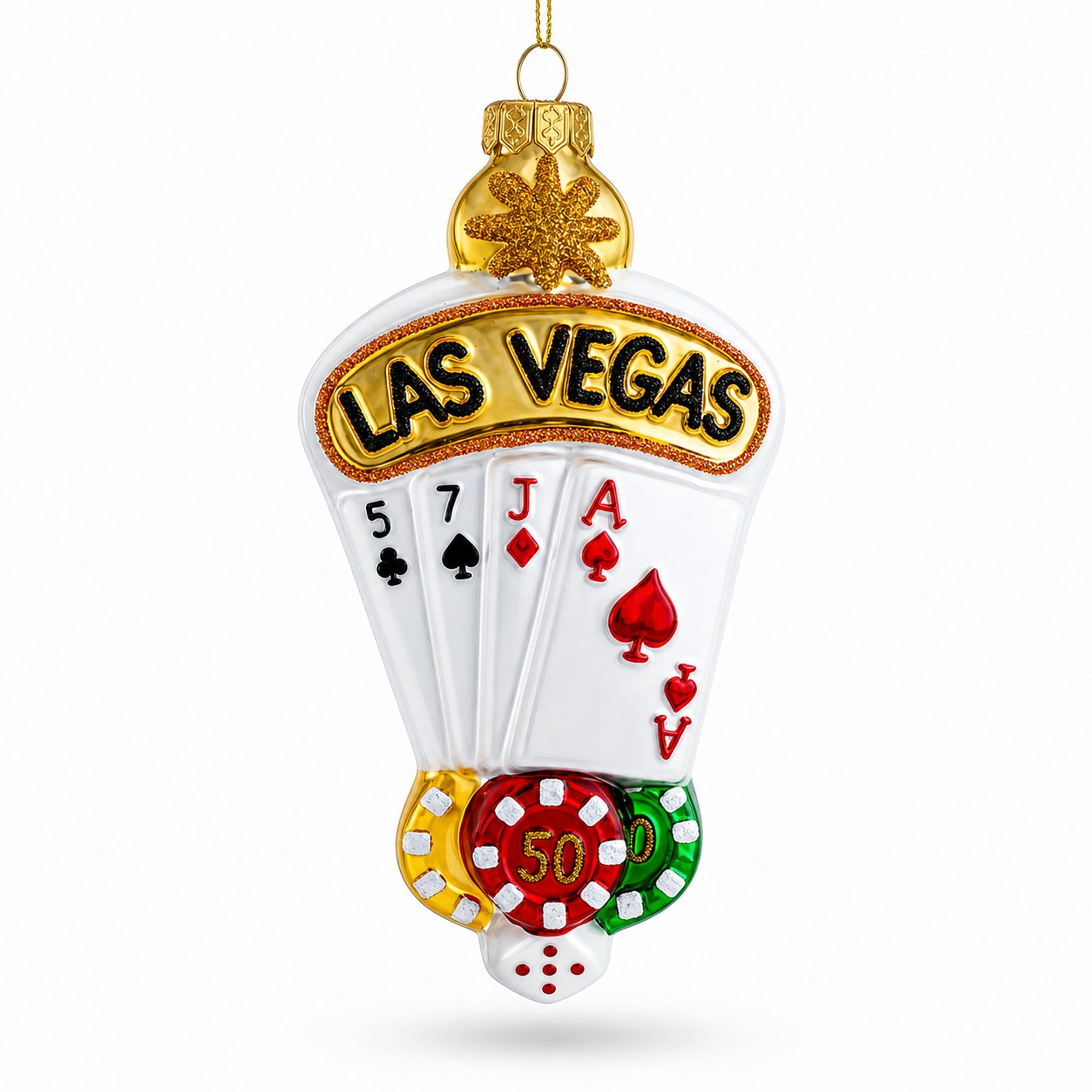 Las Vegas Casino with Playing Cards & Chips Glass Christmas Ornament