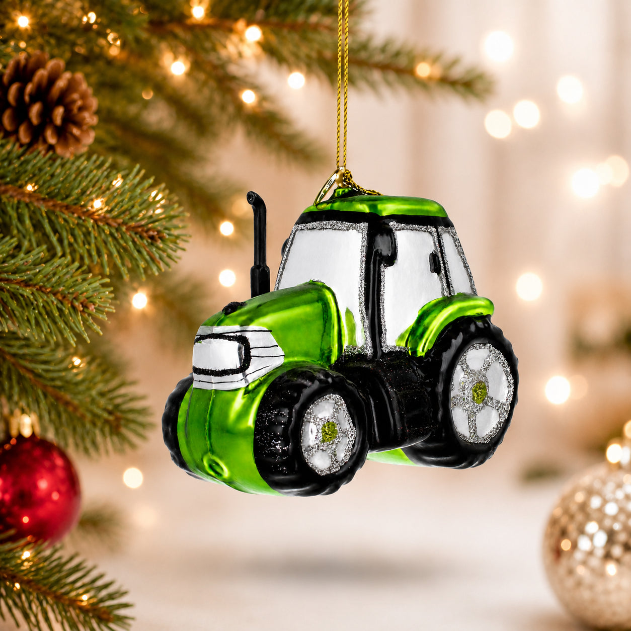 Rustic Green Tractor Glass Christmas Ornament
