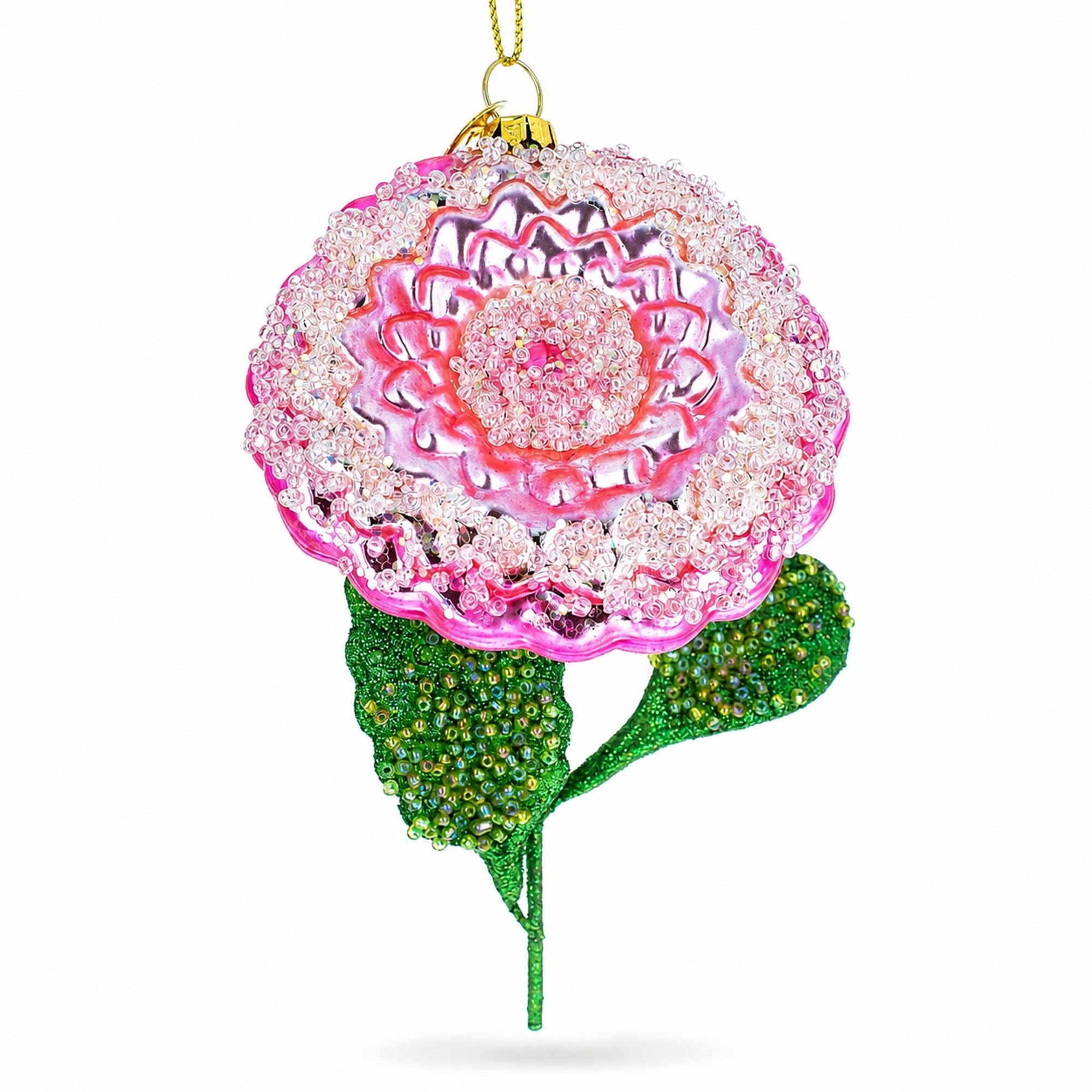 Pink Flower with Colorful Beads Glass Christmas Ornament