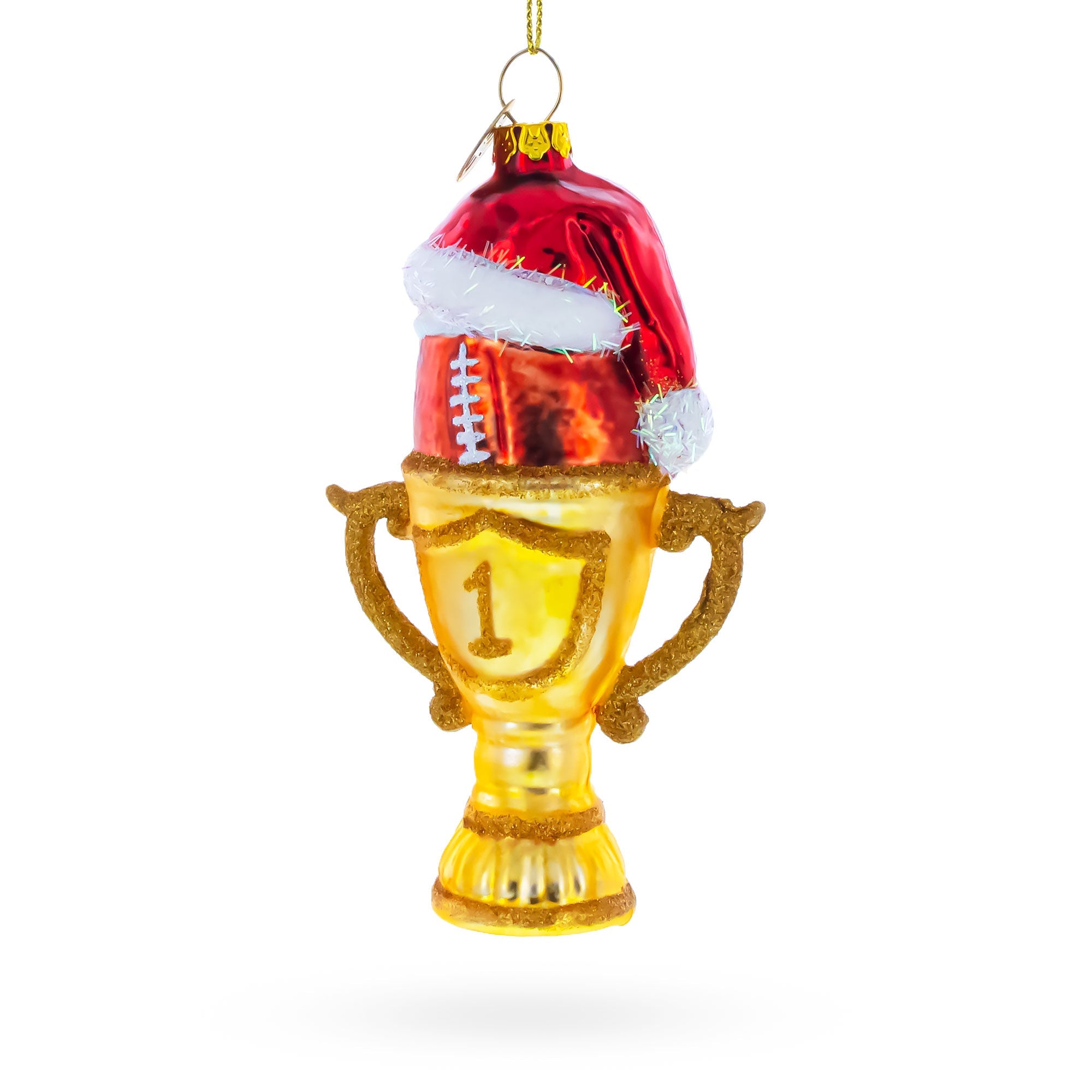 Football Trophy in Santa Hat Glass Christmas Ornament