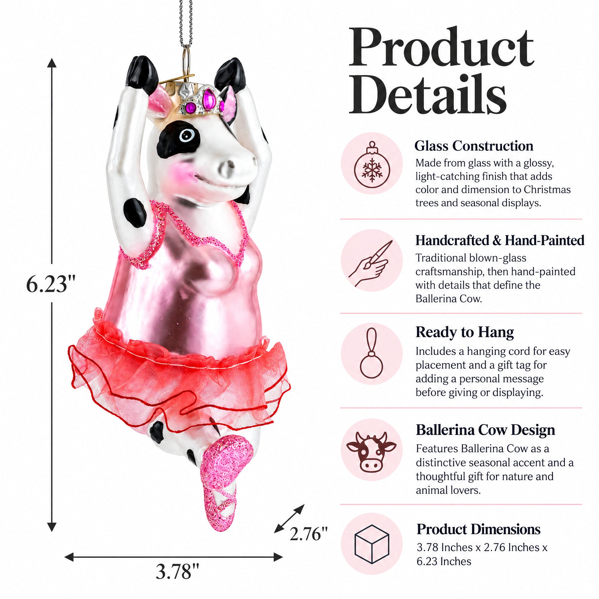 Ballerina Cow Glass Christmas Ornament
