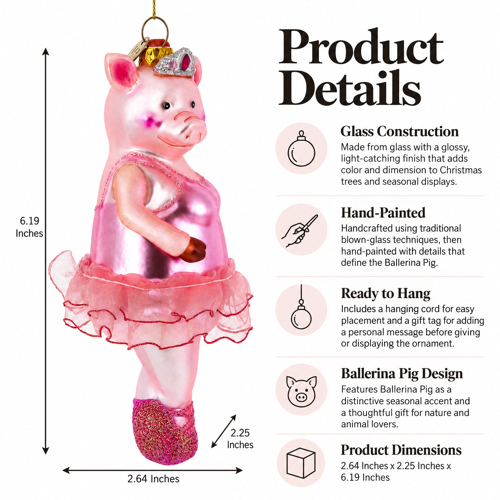 Ballerina Pig Glass Christmas Ornament