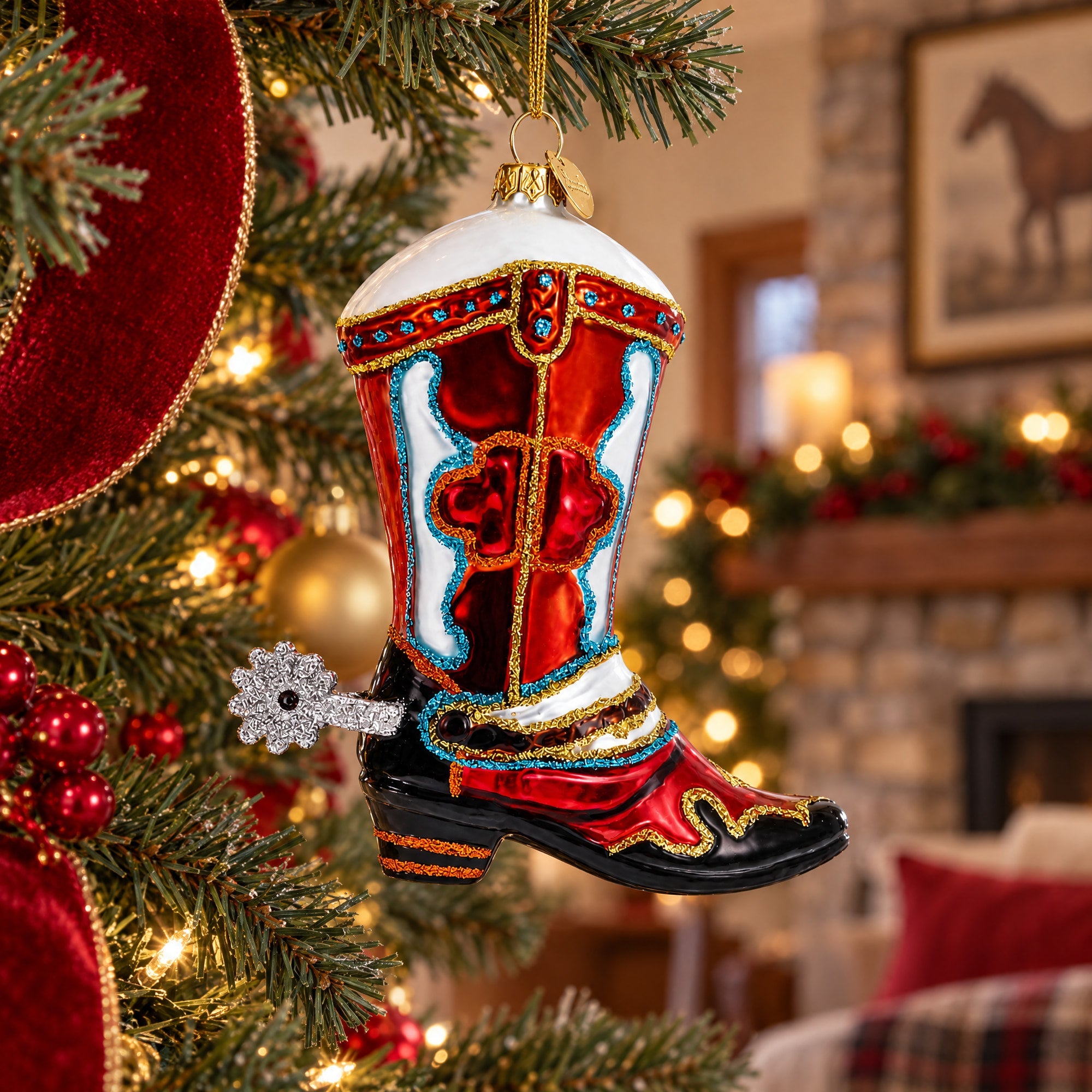 Western Cowboy Boot Glass Christmas Ornament