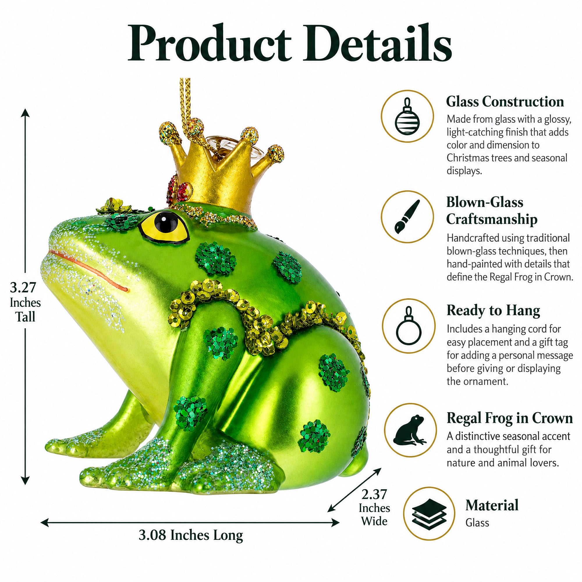 Regal Frog in Crown Glass Christmas Ornament