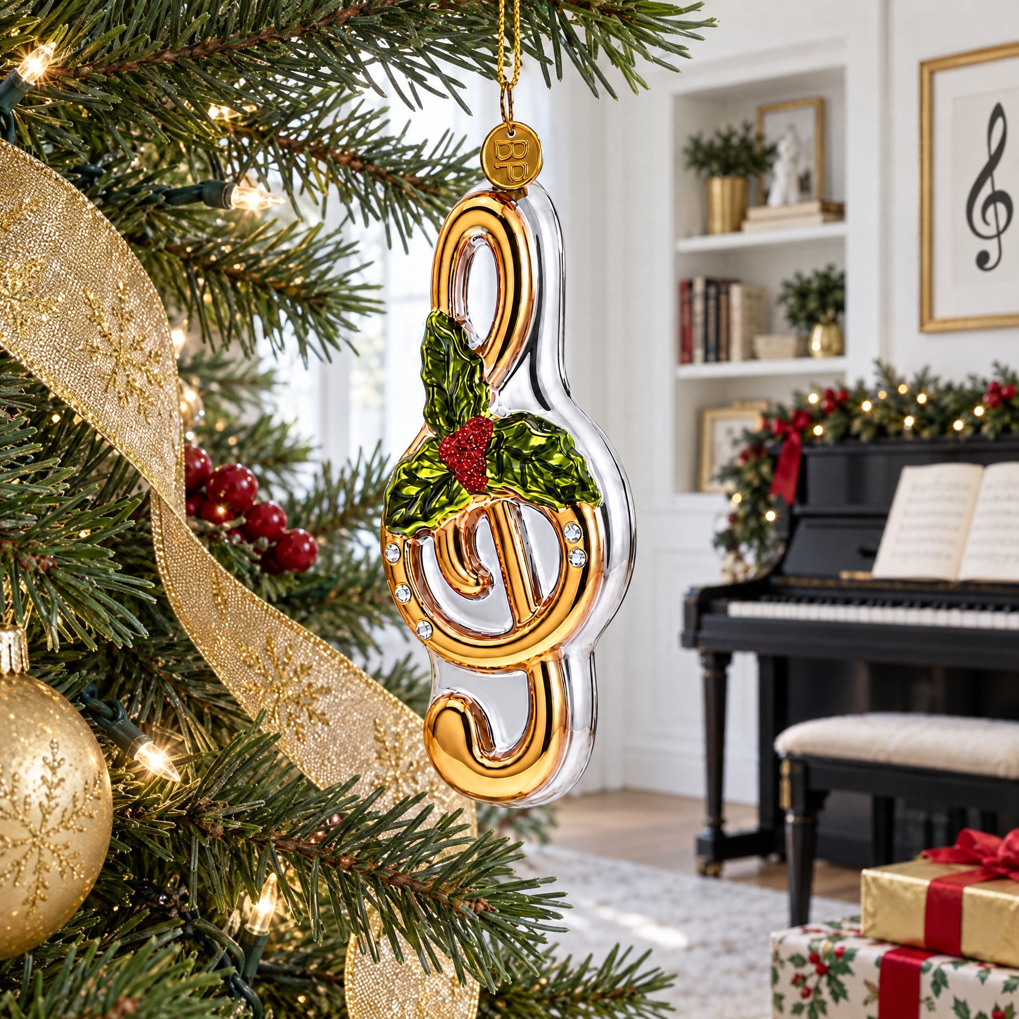 Musical Note with Poinsettia Glass Christmas Ornament