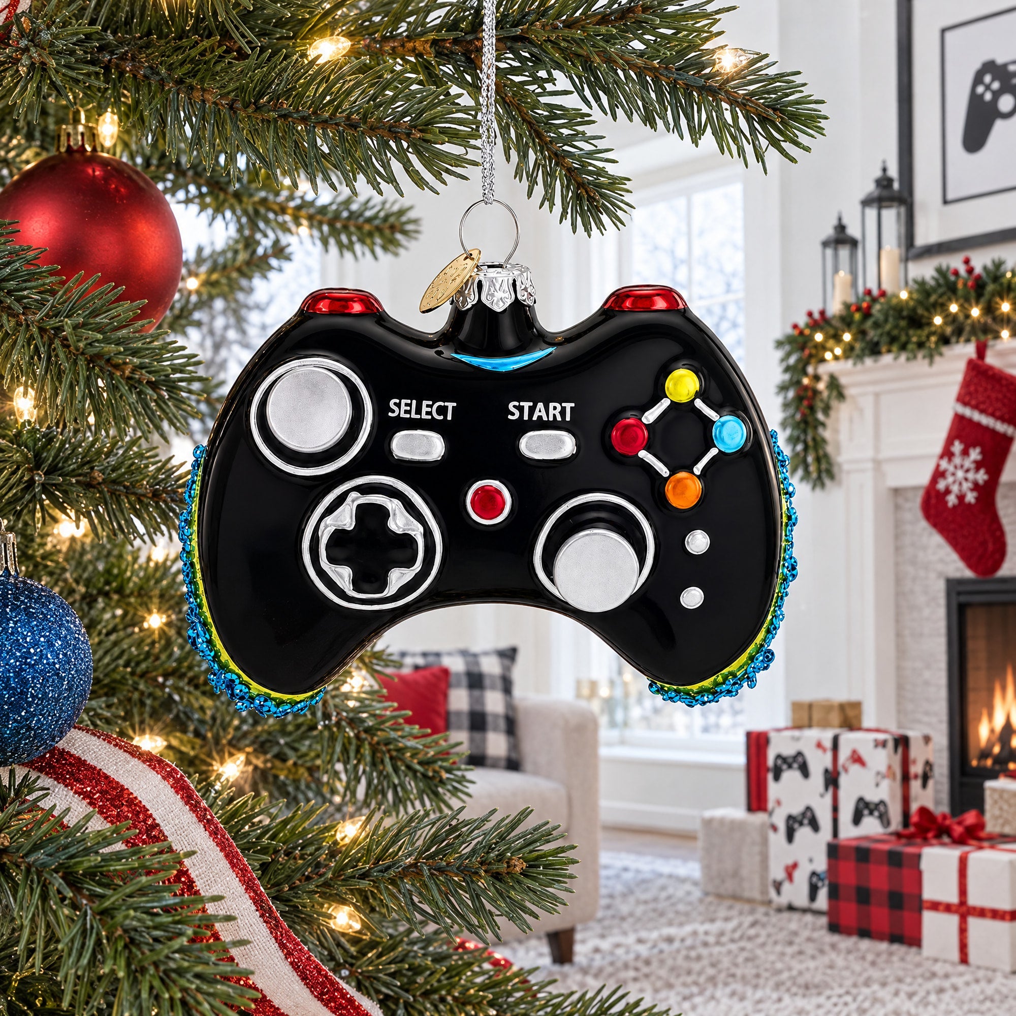Black Video Game Controller Glass Christmas Ornament
