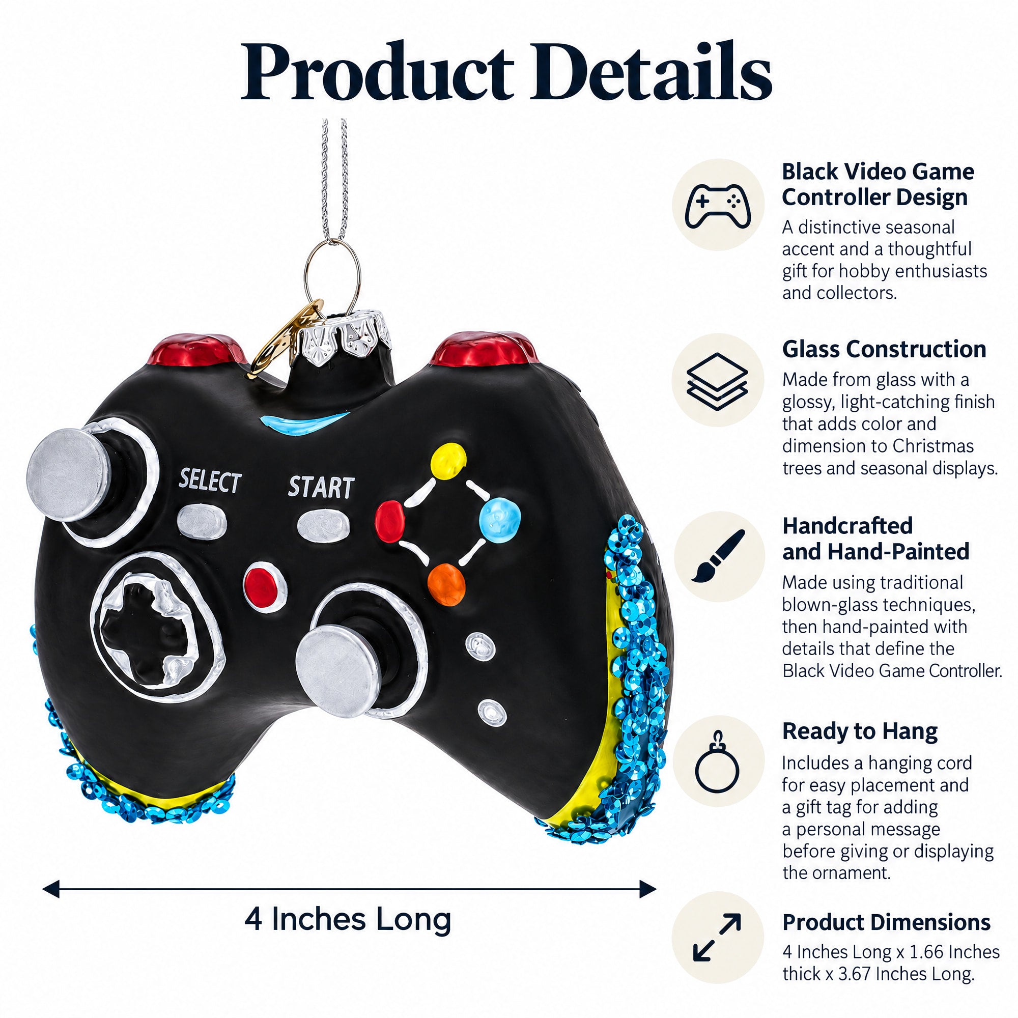 Black Video Game Controller Glass Christmas Ornament