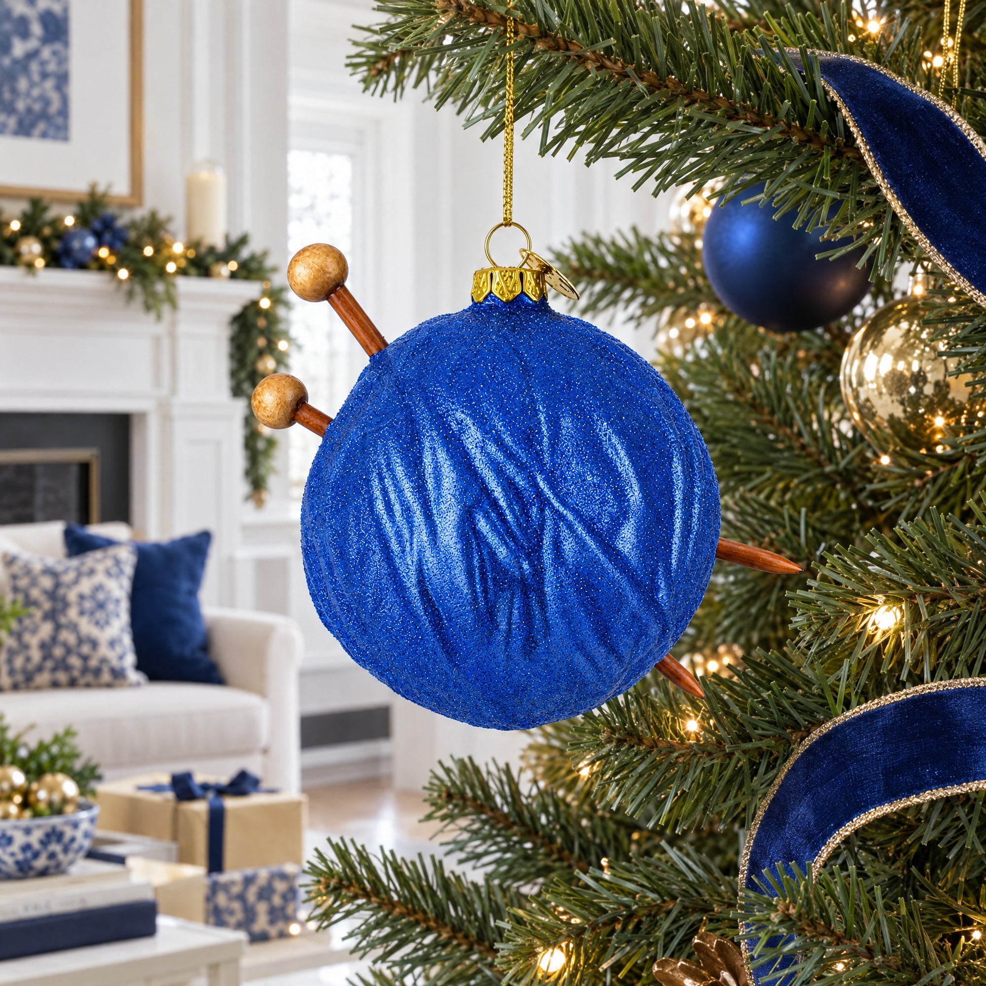 Blue Yarn Ball and Sticks Glass Christmas Ornament
