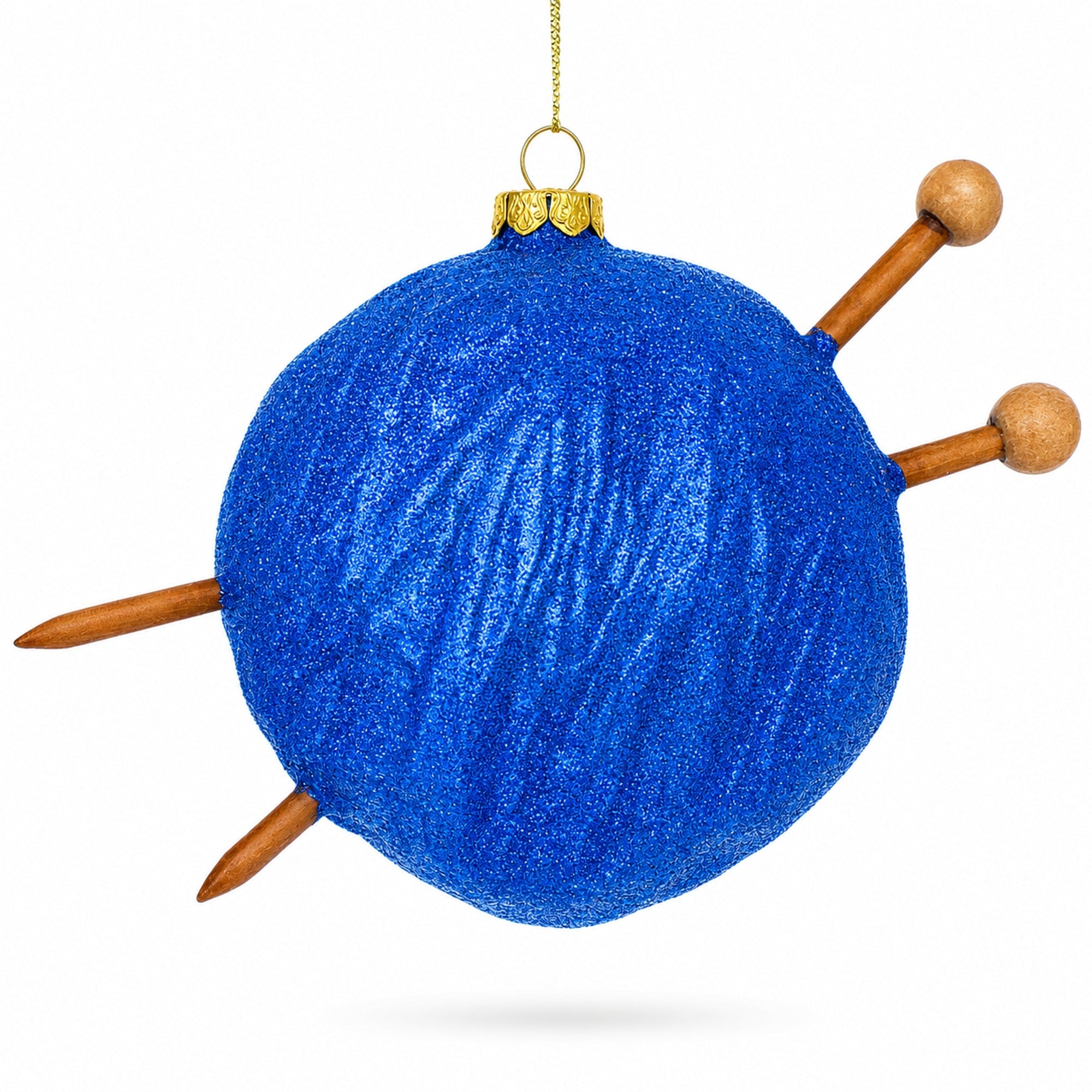 Blue Yarn Ball and Sticks Glass Christmas Ornament