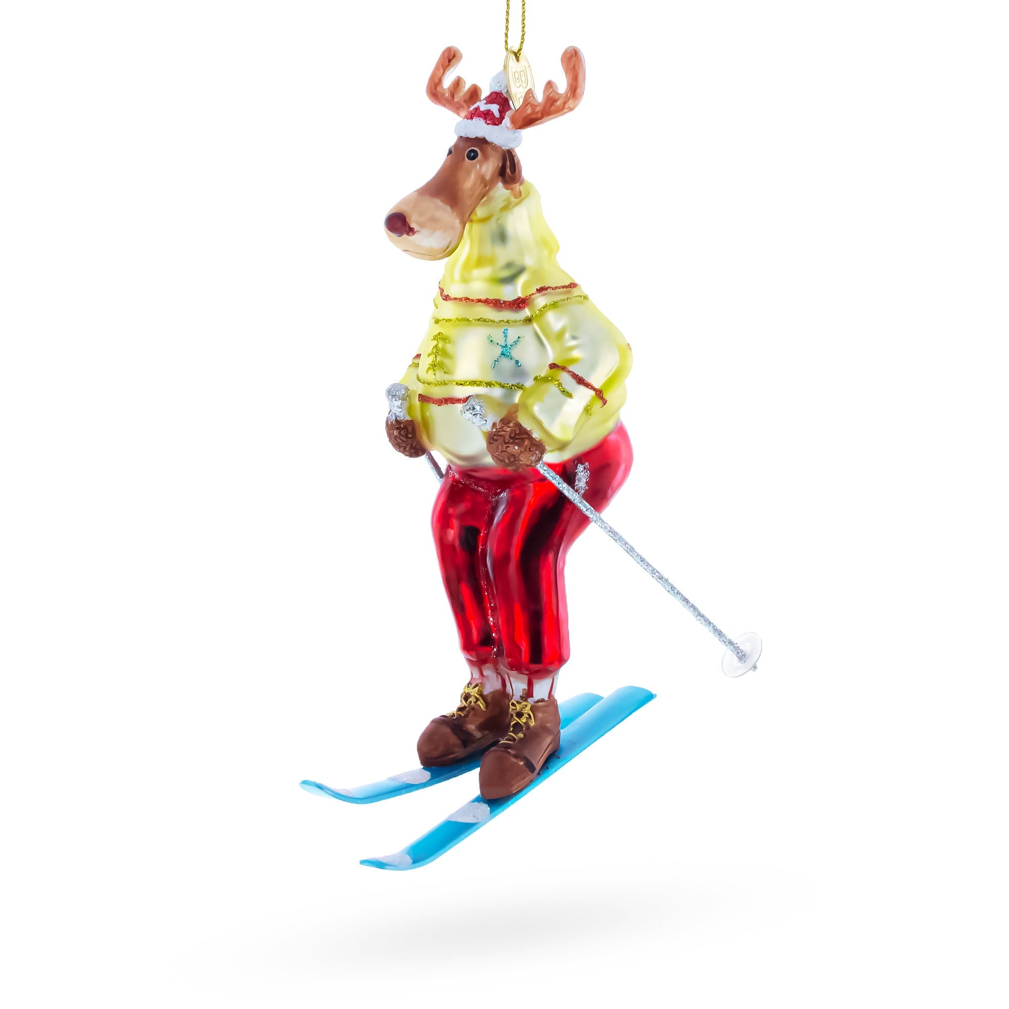 Reindeer Skiing Glass Christmas Ornament