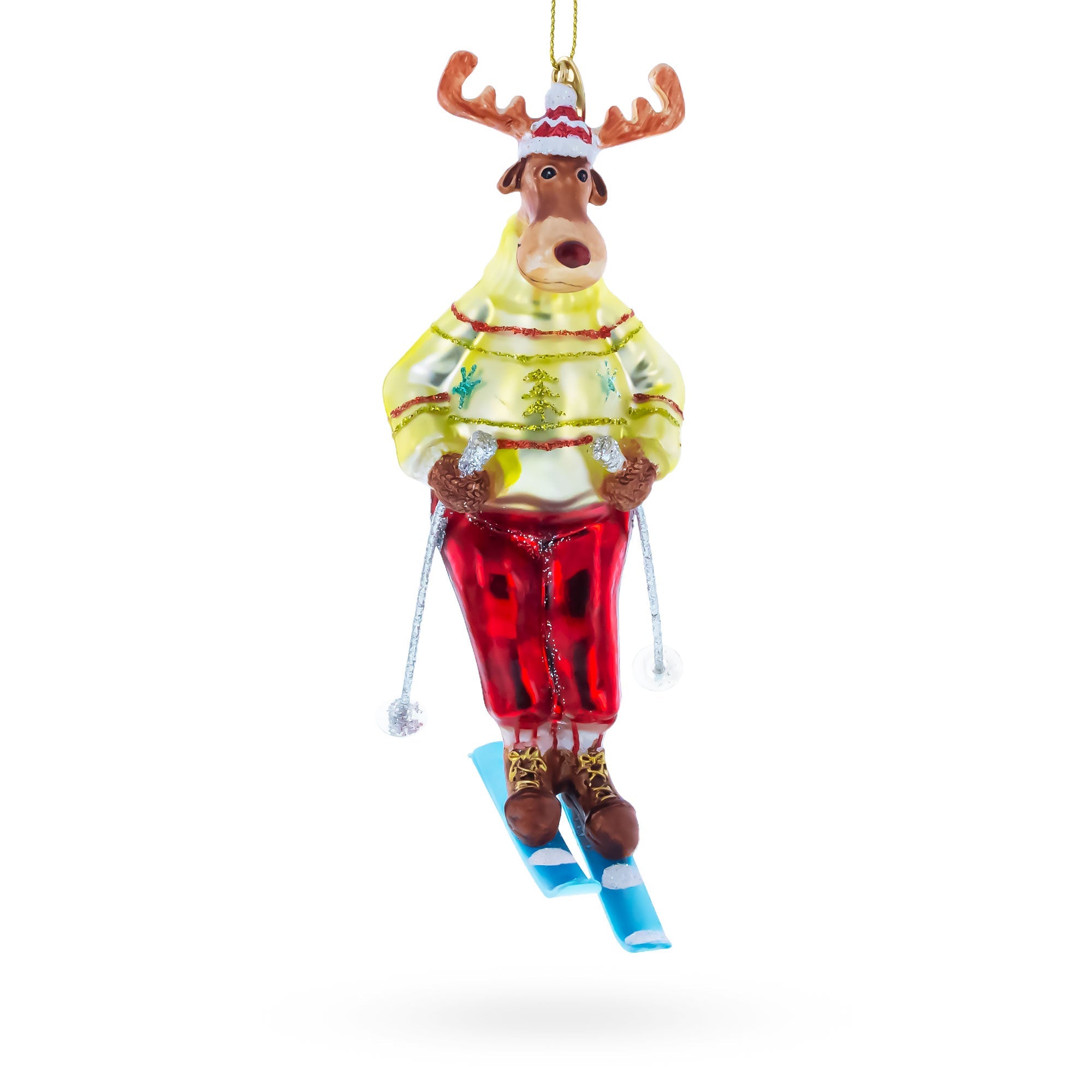Reindeer Skiing Glass Christmas Ornament