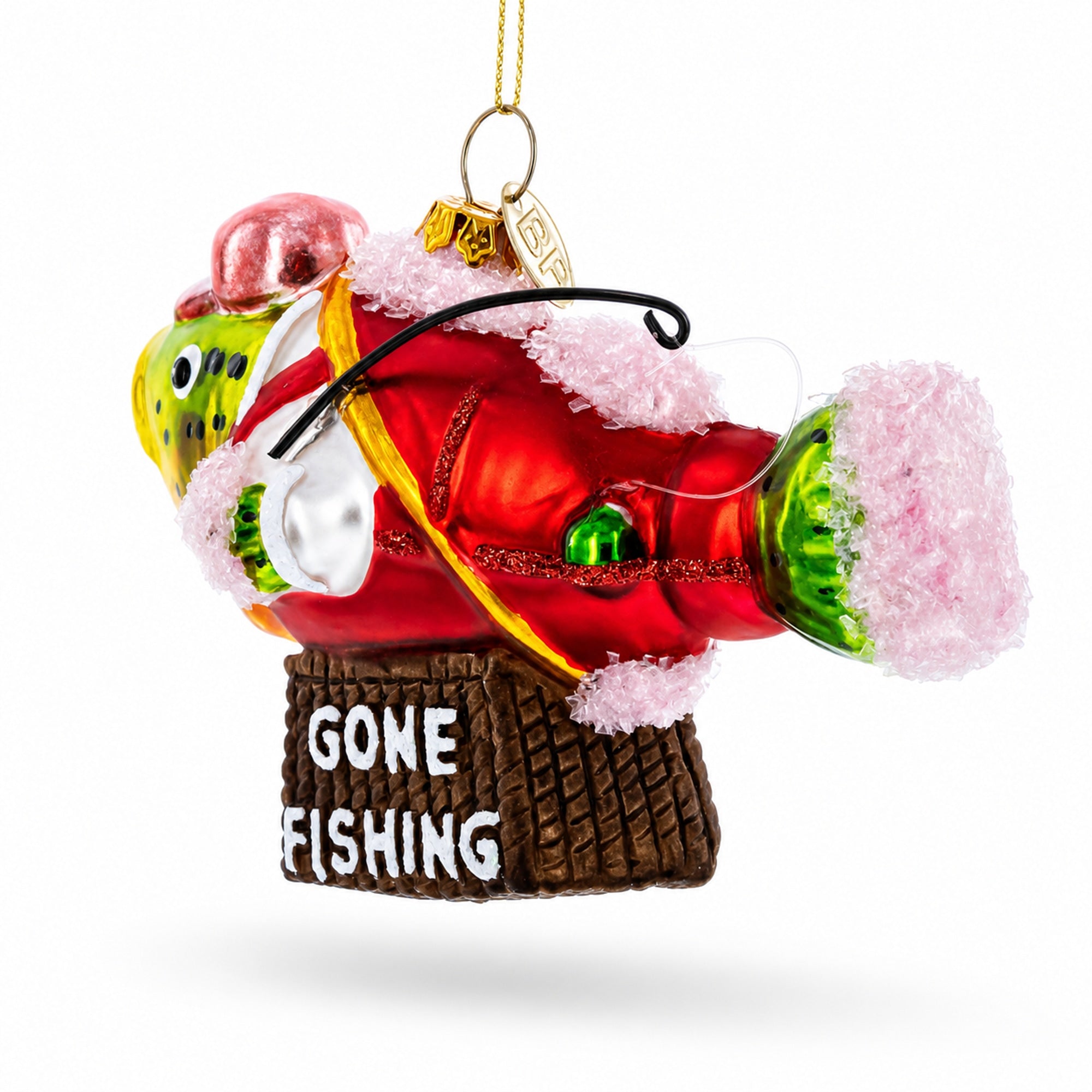 Fish in Hat Gone Fishing Glass Christmas Ornament