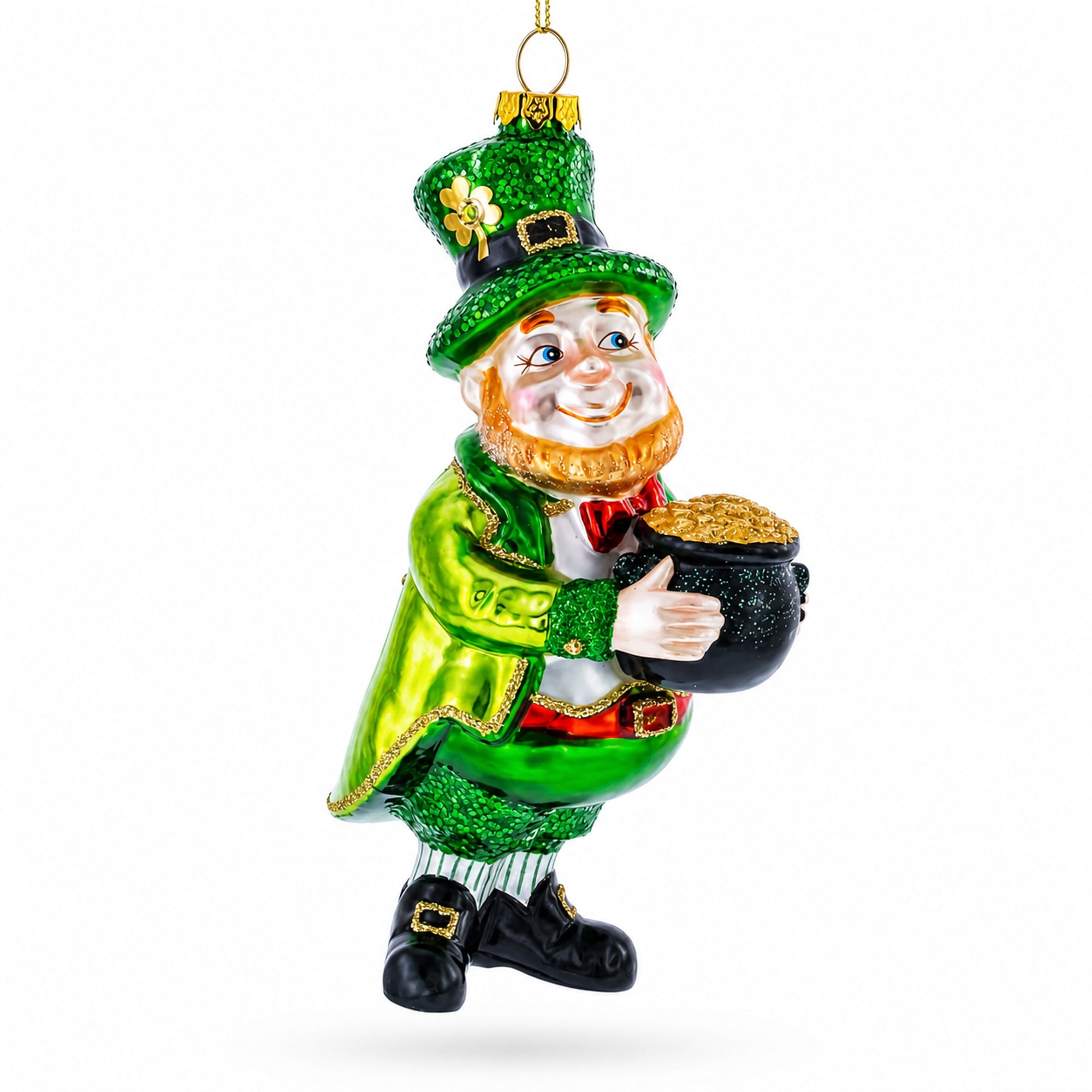 Leprechaun with Pot of Gold Glass Christmas Ornament