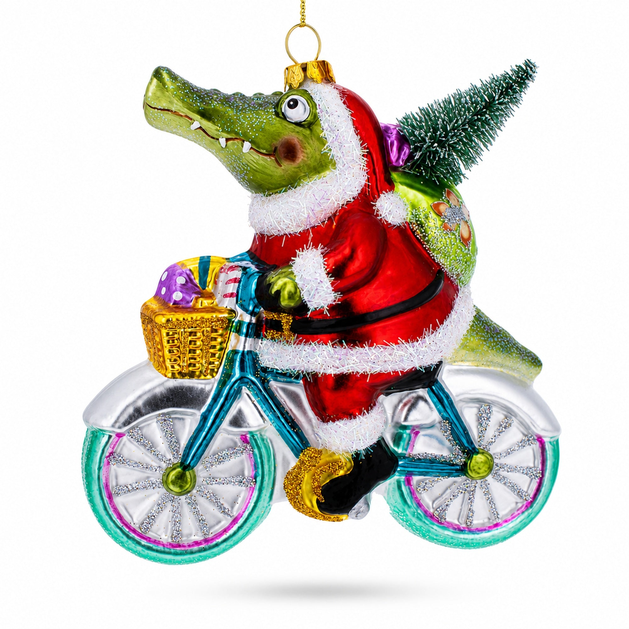 Alligator Riding Bicycle with Gifts Glass Christmas Ornament