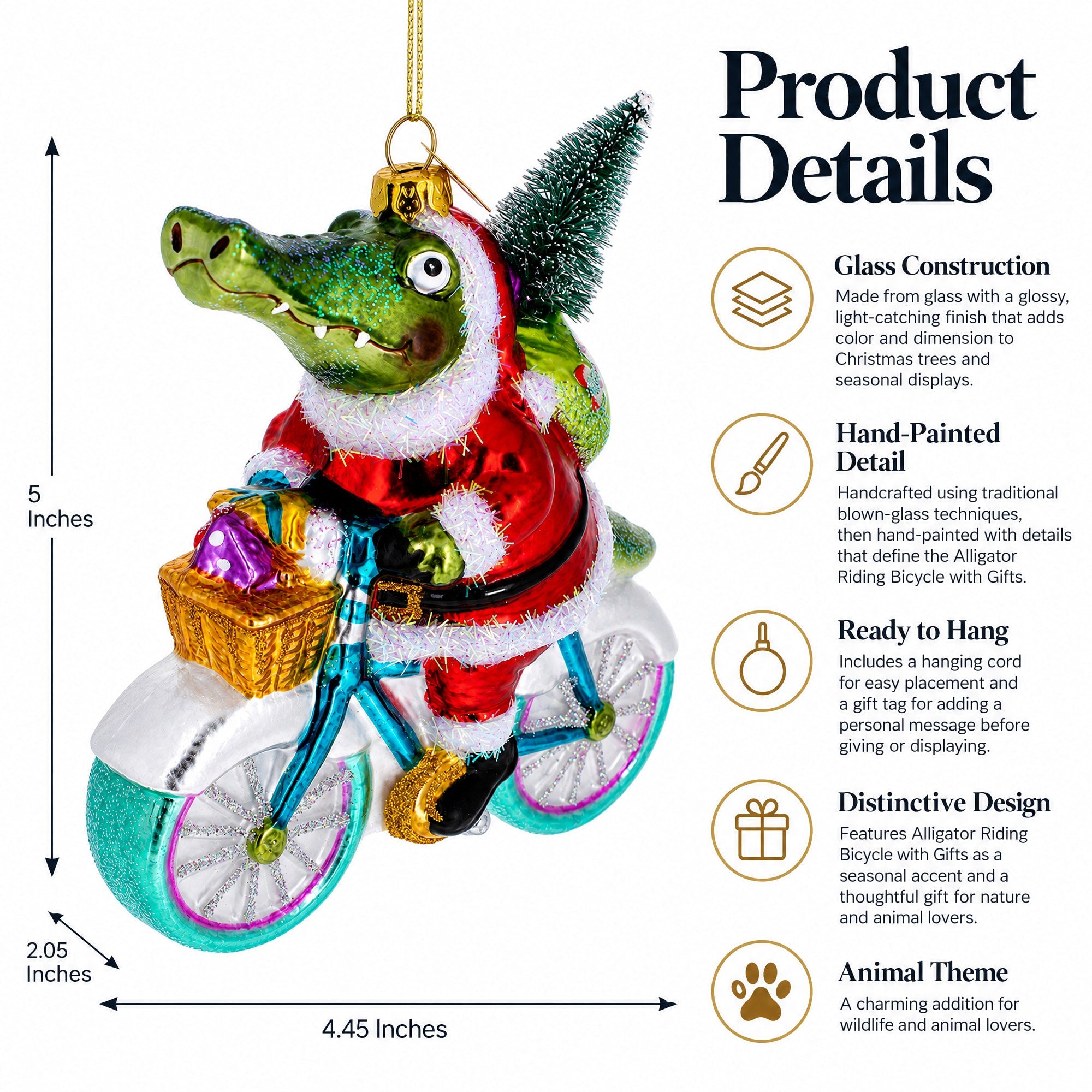 Alligator Riding Bicycle with Gifts Glass Christmas Ornament