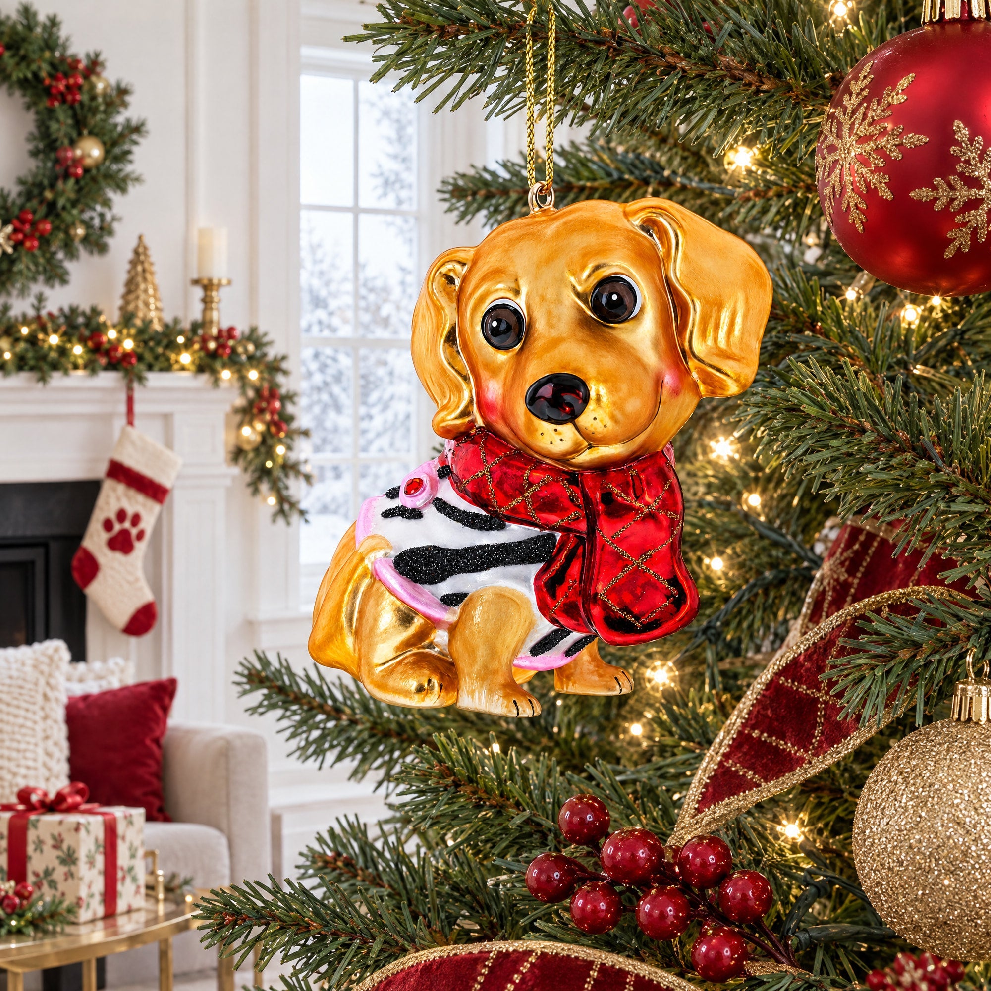 Golden Retriever Puppy in Red Scarf Glass Christmas Ornament