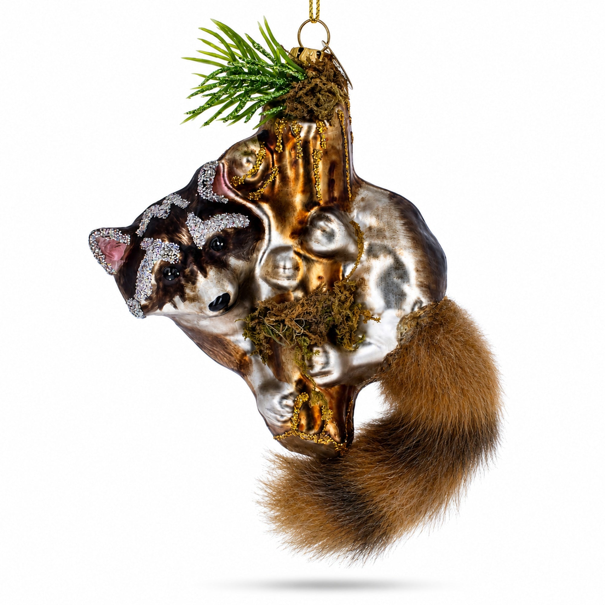 Curious Raccoon Climbing the Tree Glass Christmas Ornament