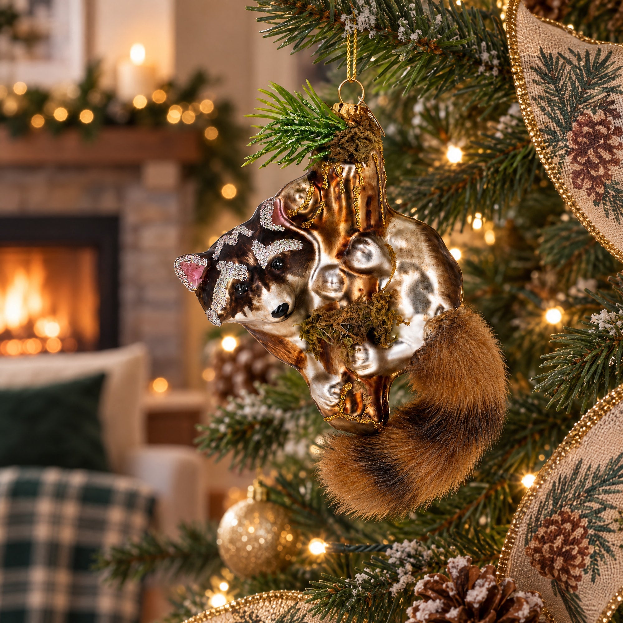 Curious Raccoon Climbing the Tree Glass Christmas Ornament