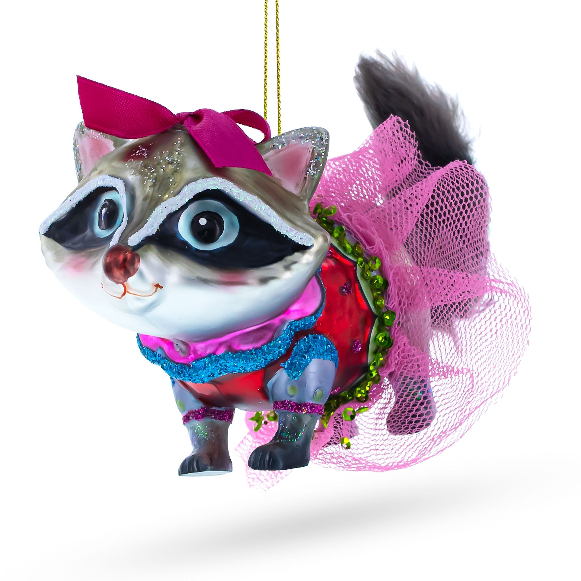 Raccoon in Dress Glass Christmas Ornament
