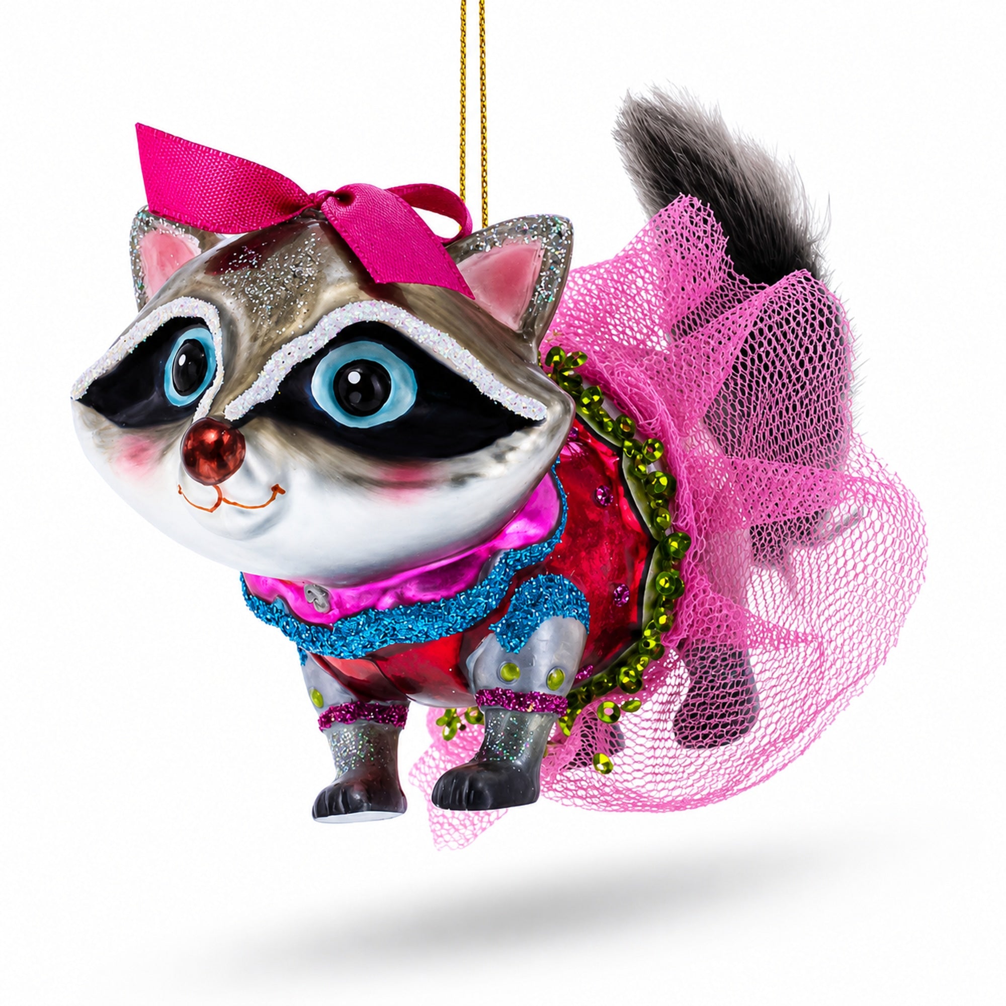 Raccoon in Dress Glass Christmas Ornament