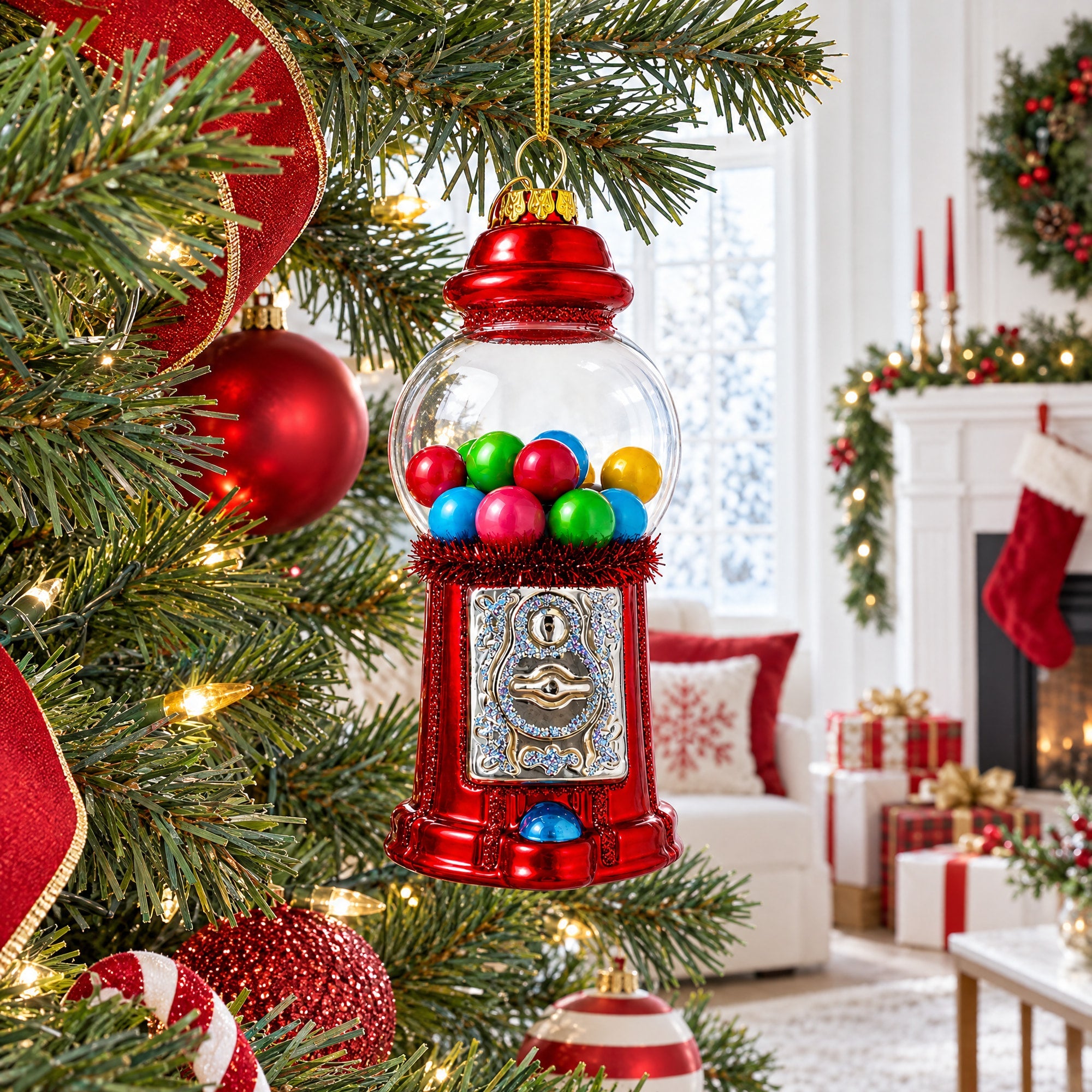 Candy Vending Machine Glass Christmas Ornament