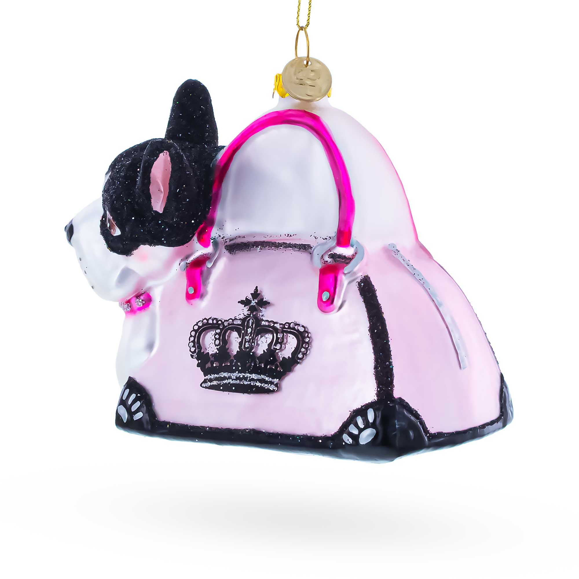 Boston Terrier in Pink Handbag Glass Christmas Ornament