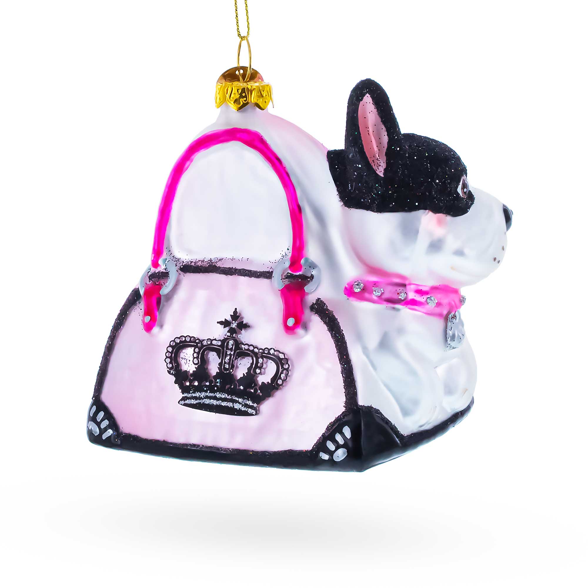 Boston Terrier in Pink Handbag Glass Christmas Ornament