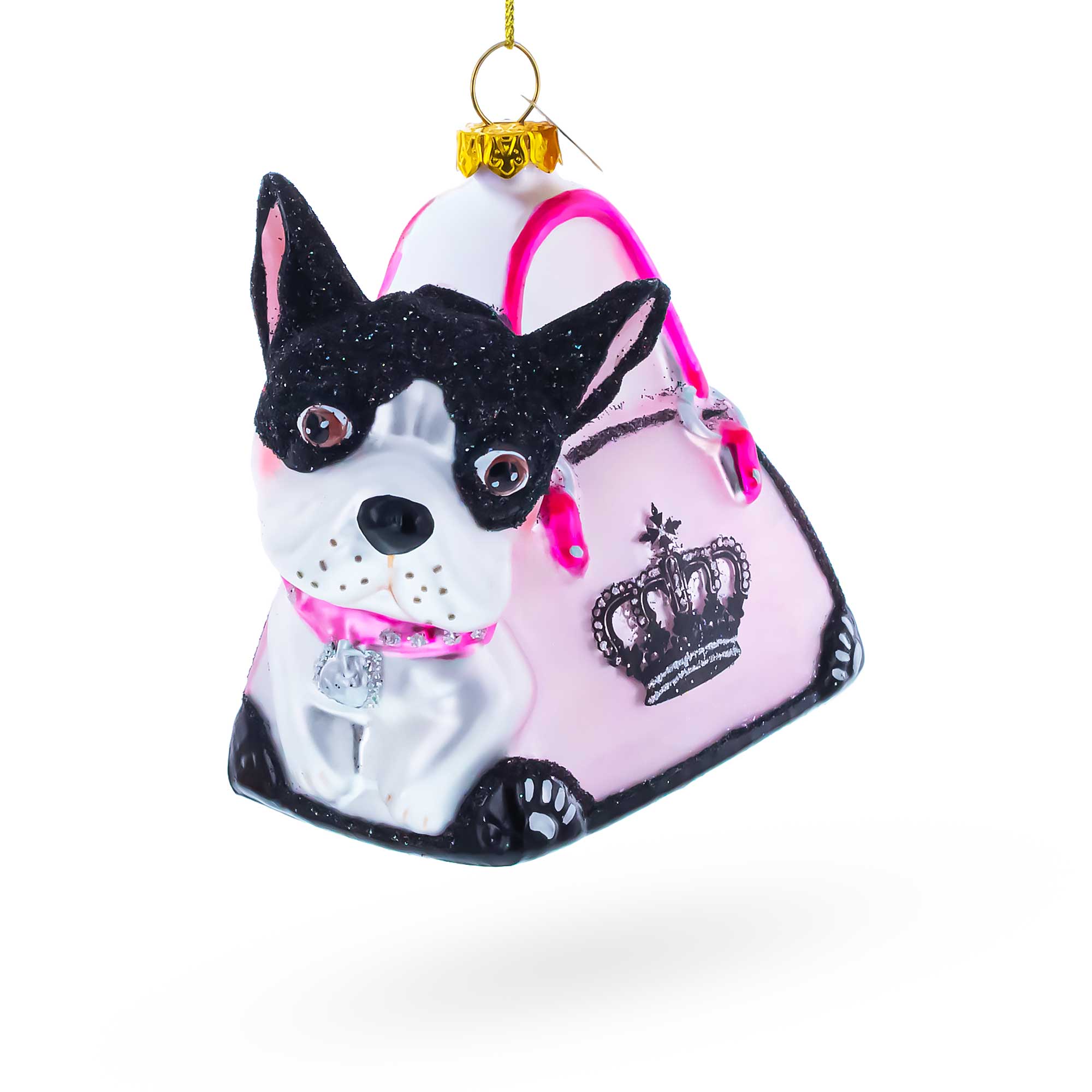 Boston Terrier in Pink Handbag Glass Christmas Ornament