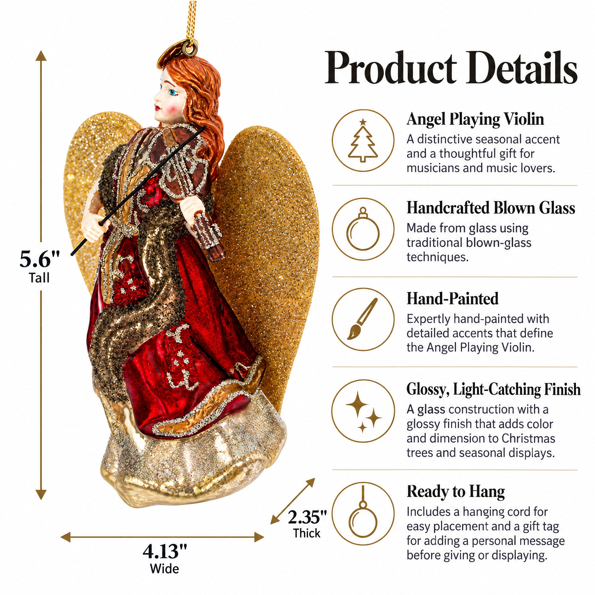Angel Playing Violin Glass Christmas Ornament