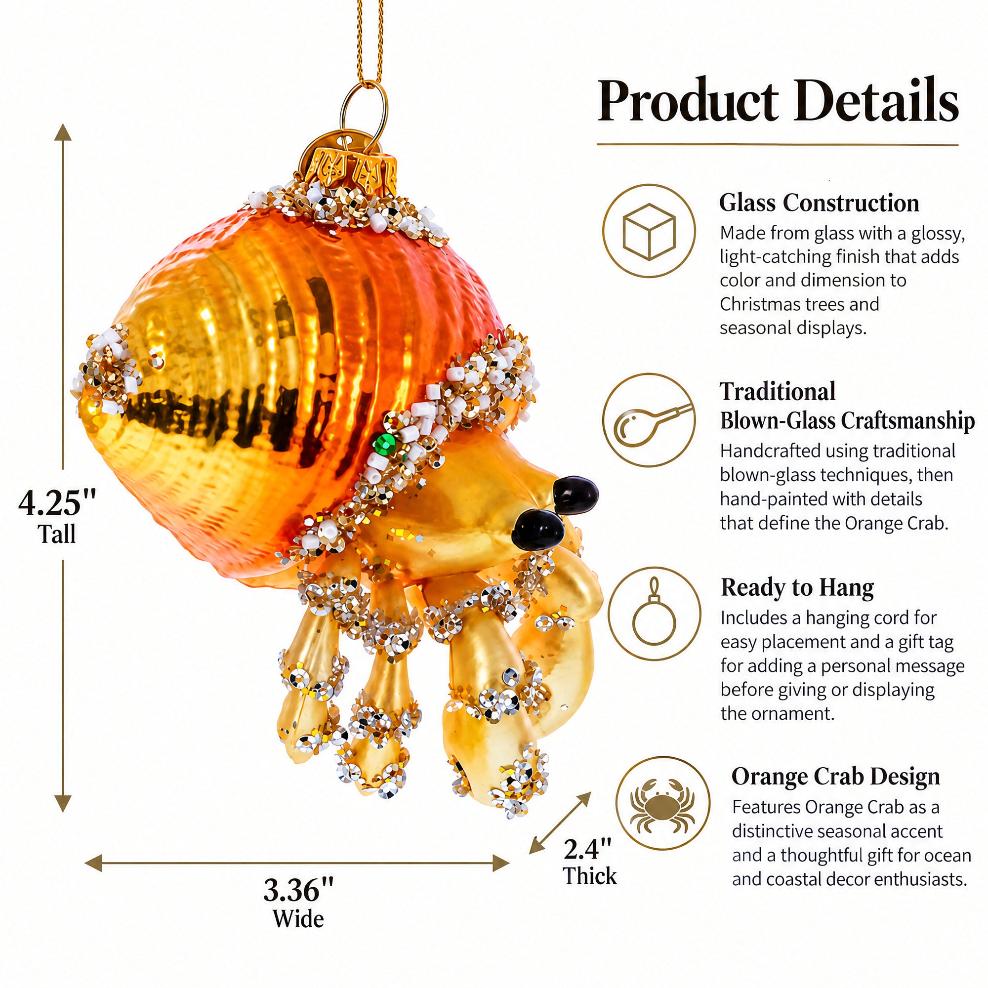 Orange Crab Glass Christmas Ornament