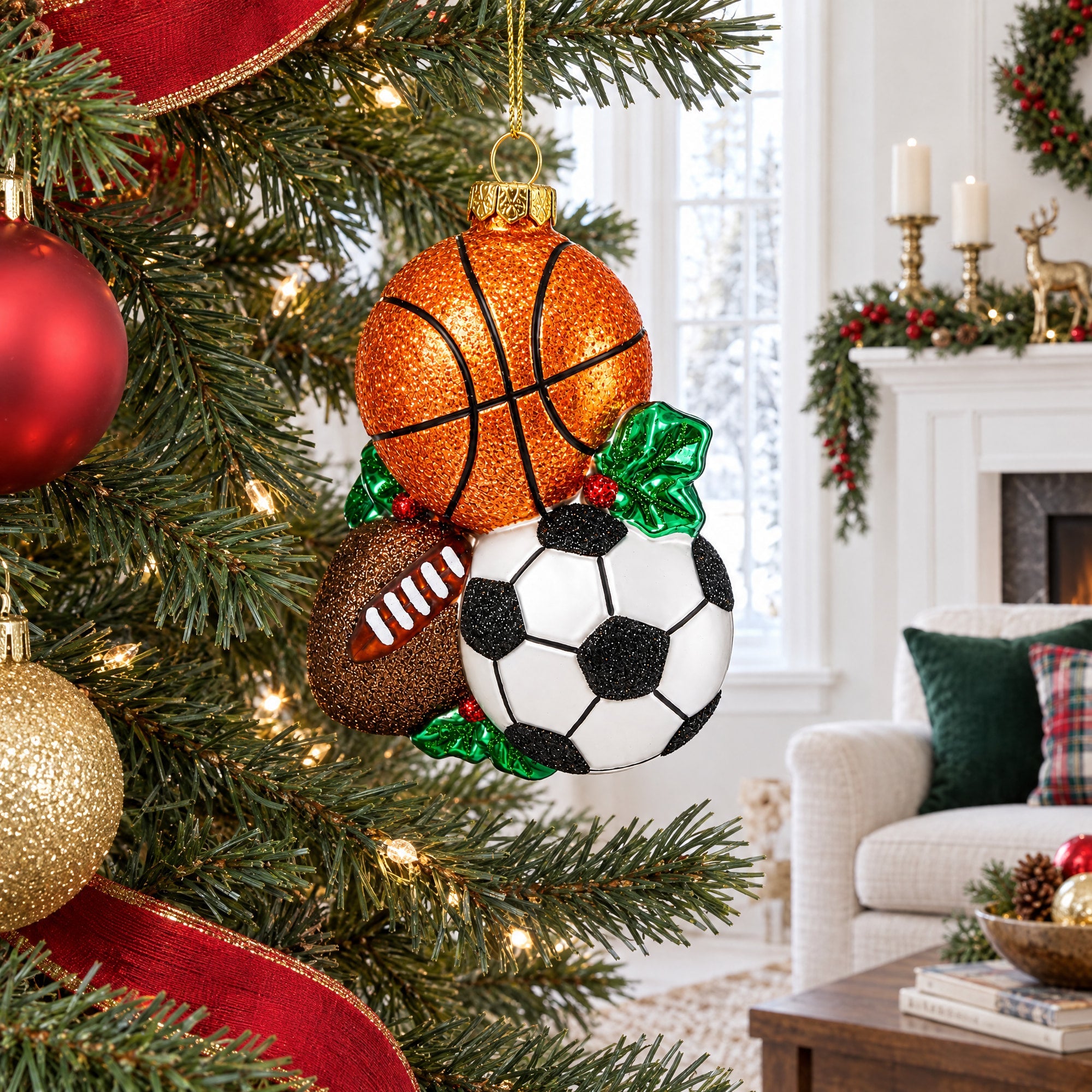 Sporty Football, Basketball, and Soccer Balls Glass Christmas Ornament