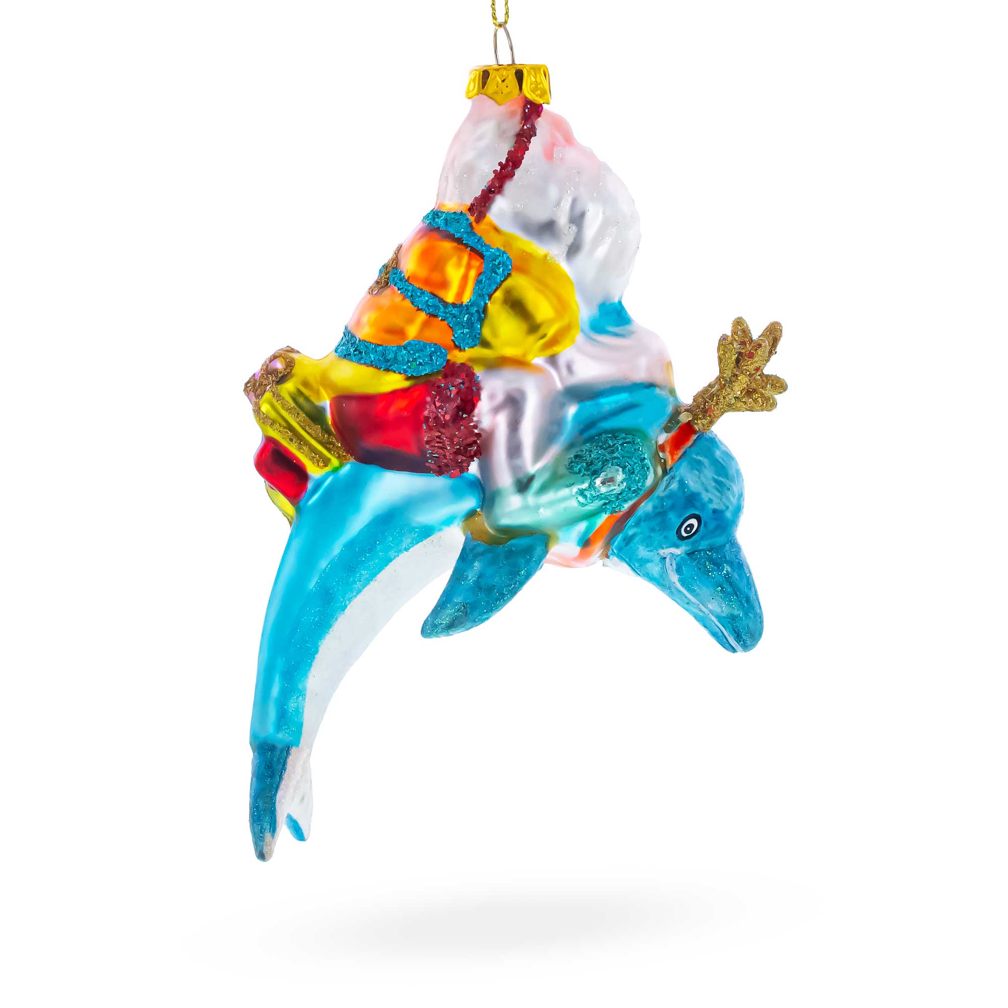 Santa Diver Riding Dolphin Glass Christmas Ornament