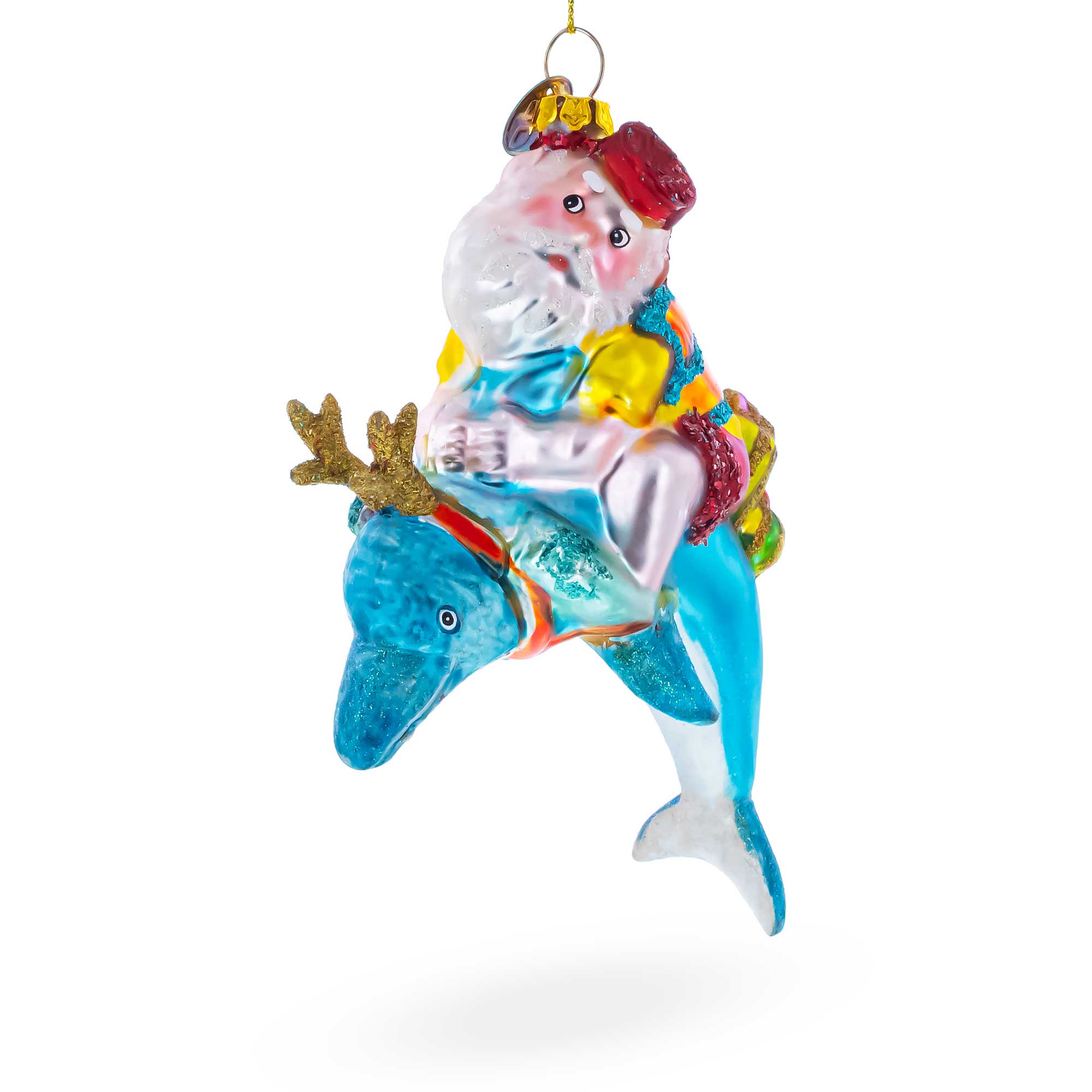 Santa Diver Riding Dolphin Glass Christmas Ornament