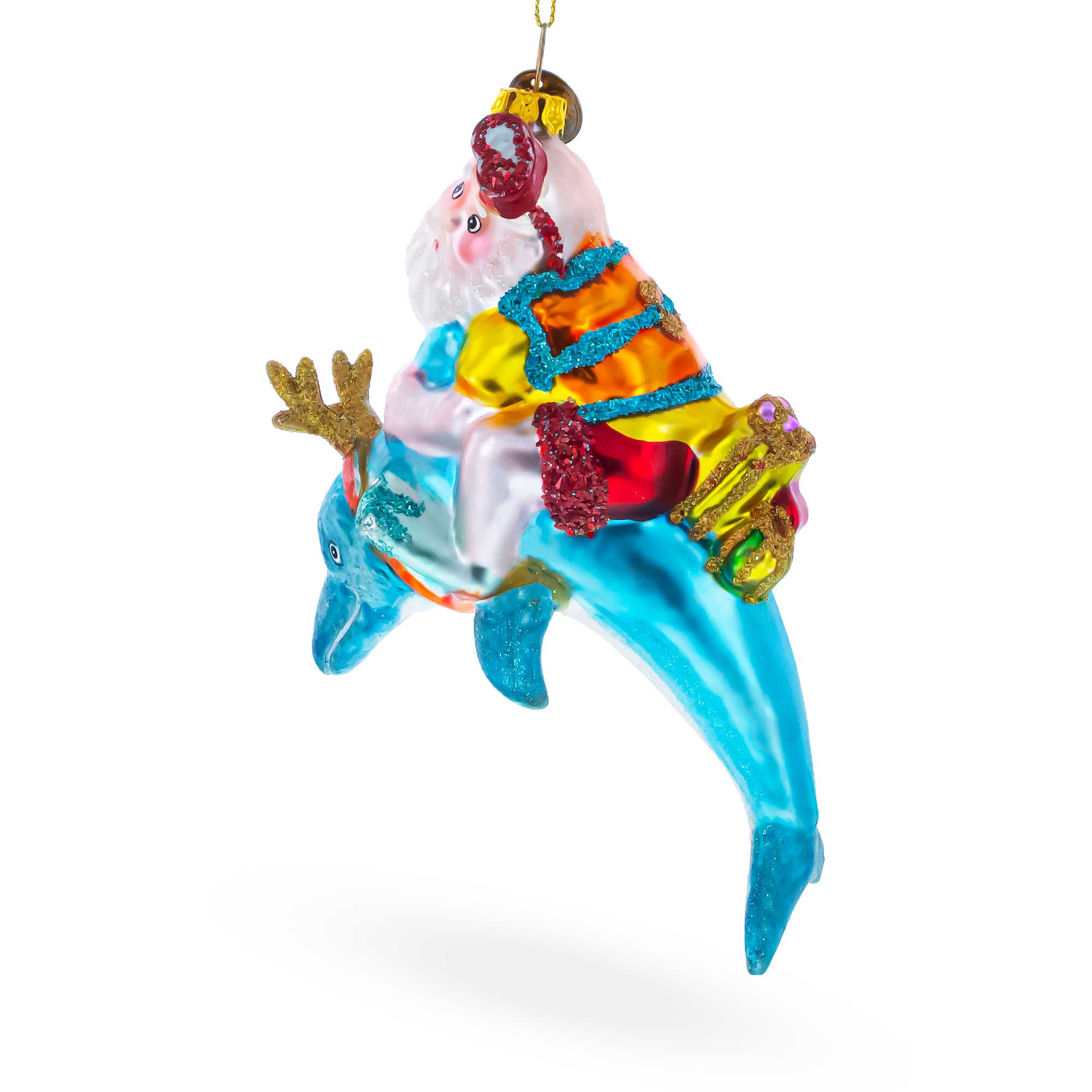 Santa Diver Riding Dolphin Glass Christmas Ornament