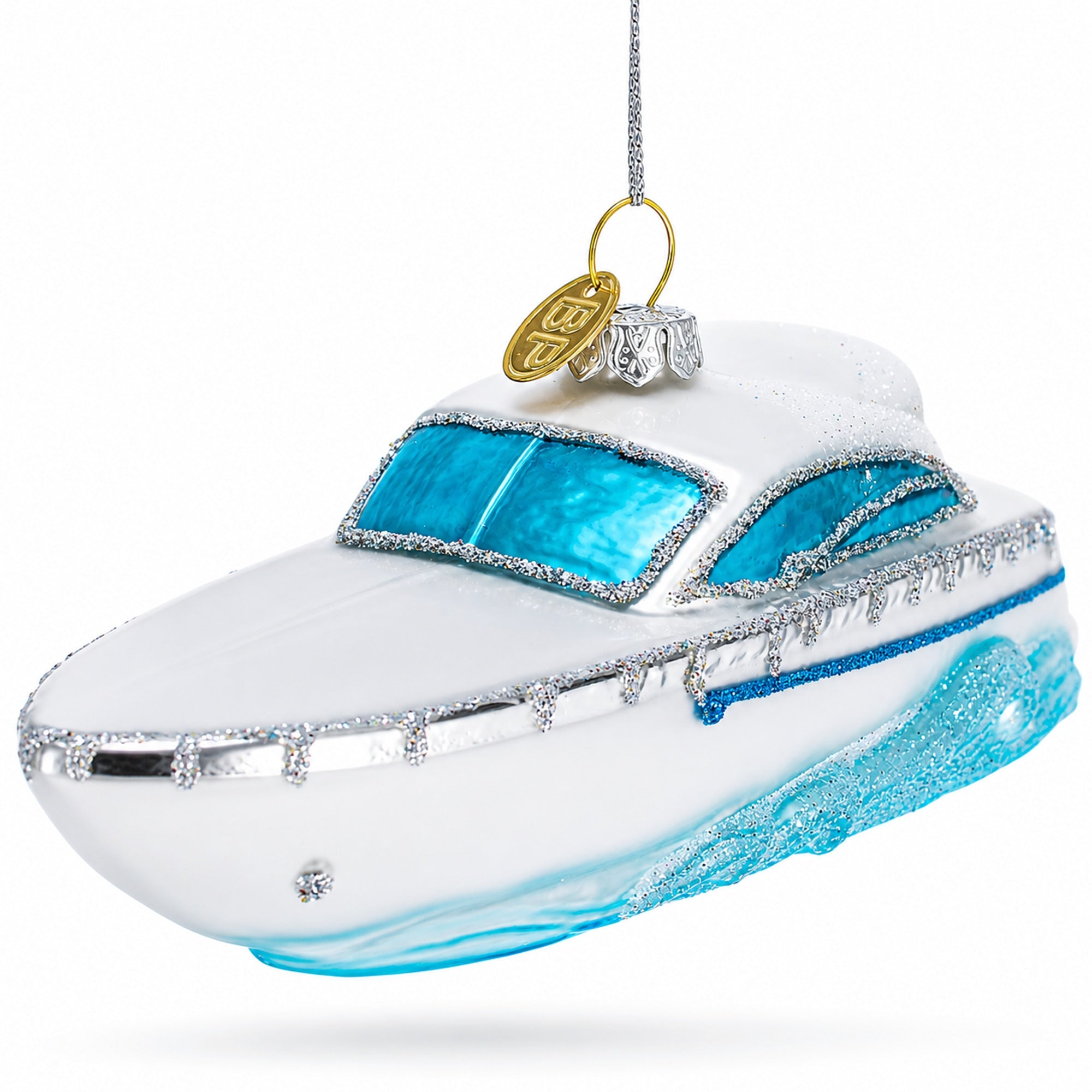 White Yacht Powerboat Glass Christmas Ornament
