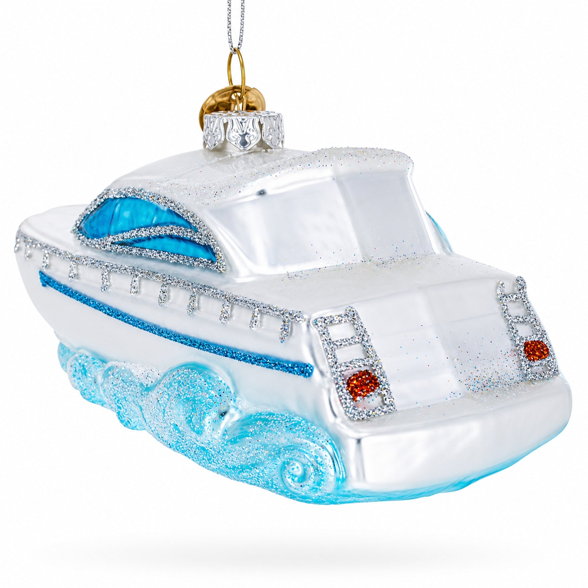 White Yacht Powerboat Glass Christmas Ornament