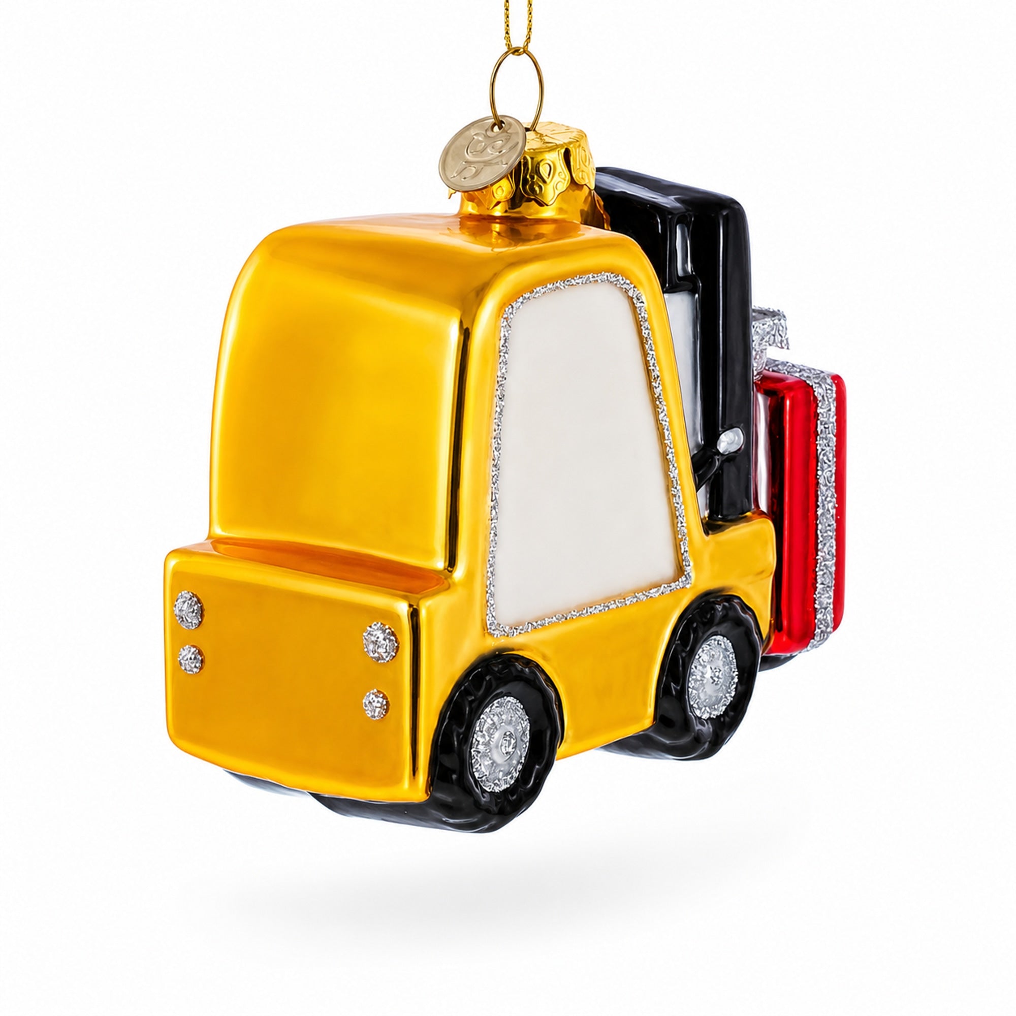 Santa Delivering Gifts with a Forklift Glass Christmas Ornament