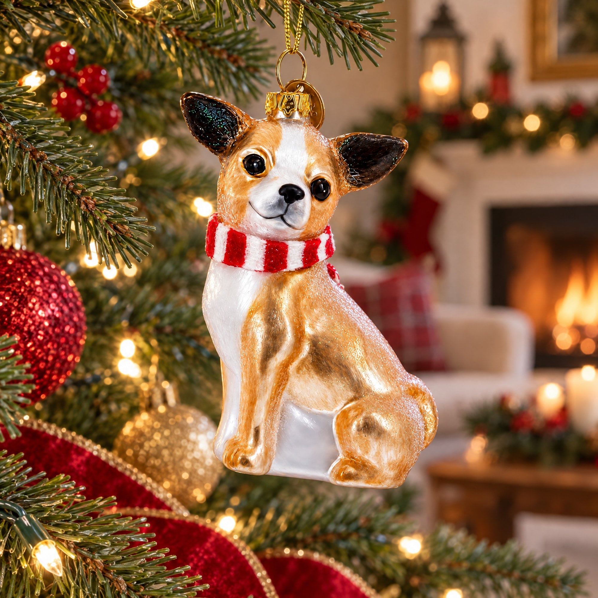 Chihuahua with Striped Scarf Glass Christmas Ornament