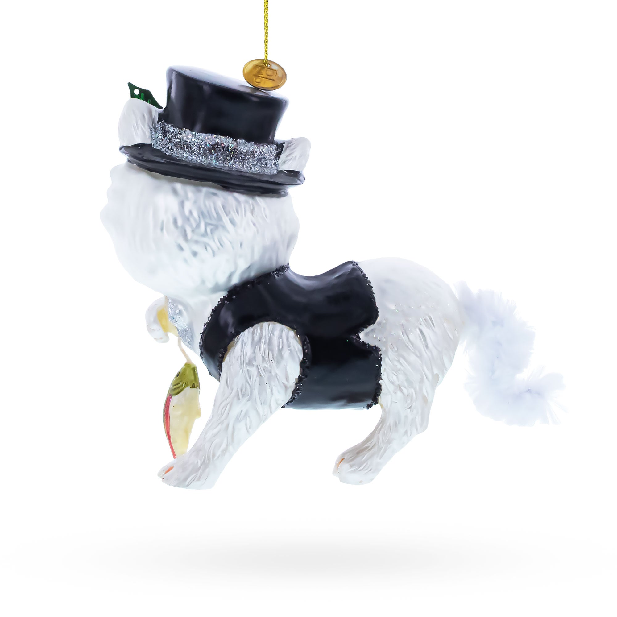 Cat in Black Costume Holding Fish Glass Christmas Ornament