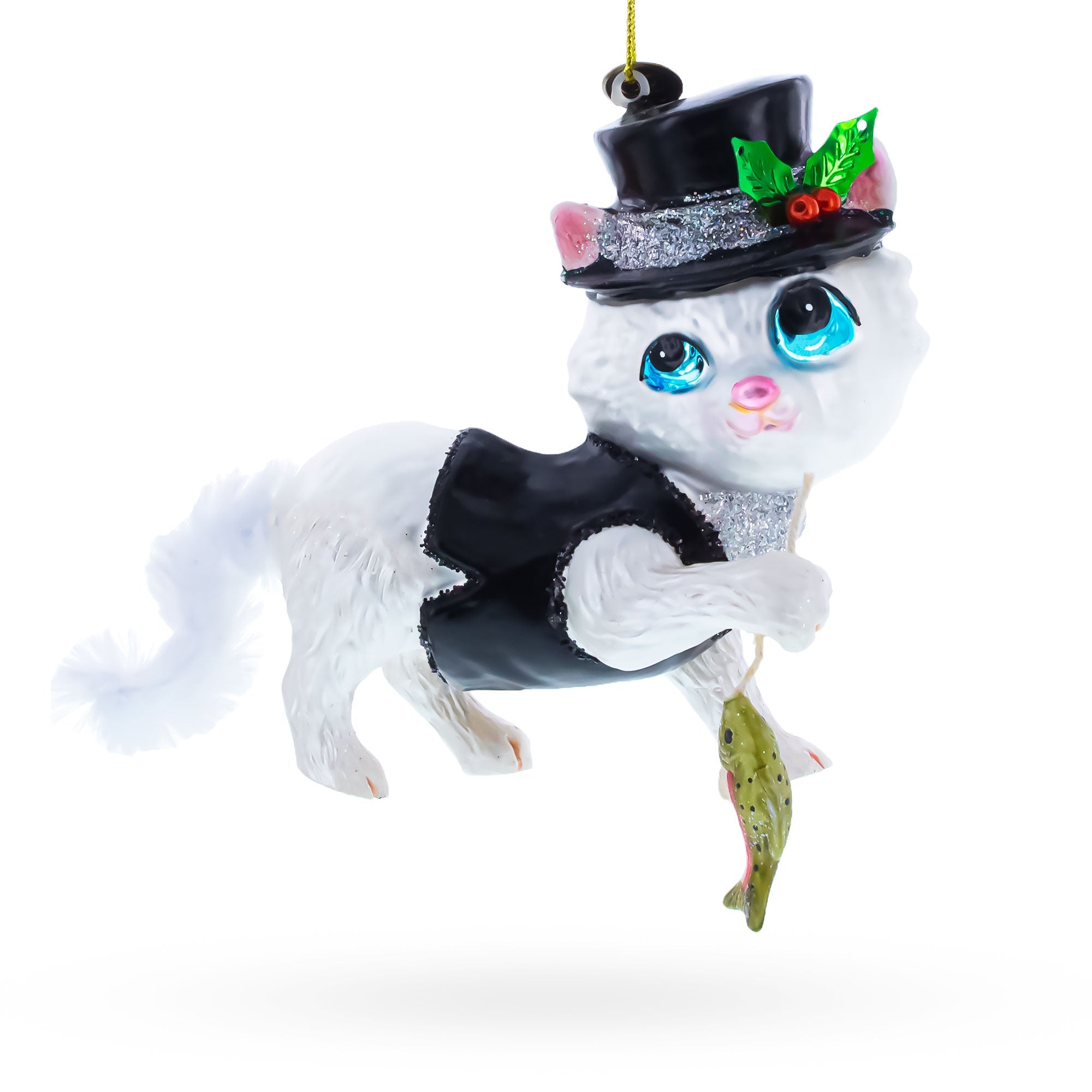 Cat in Black Costume Holding Fish Glass Christmas Ornament