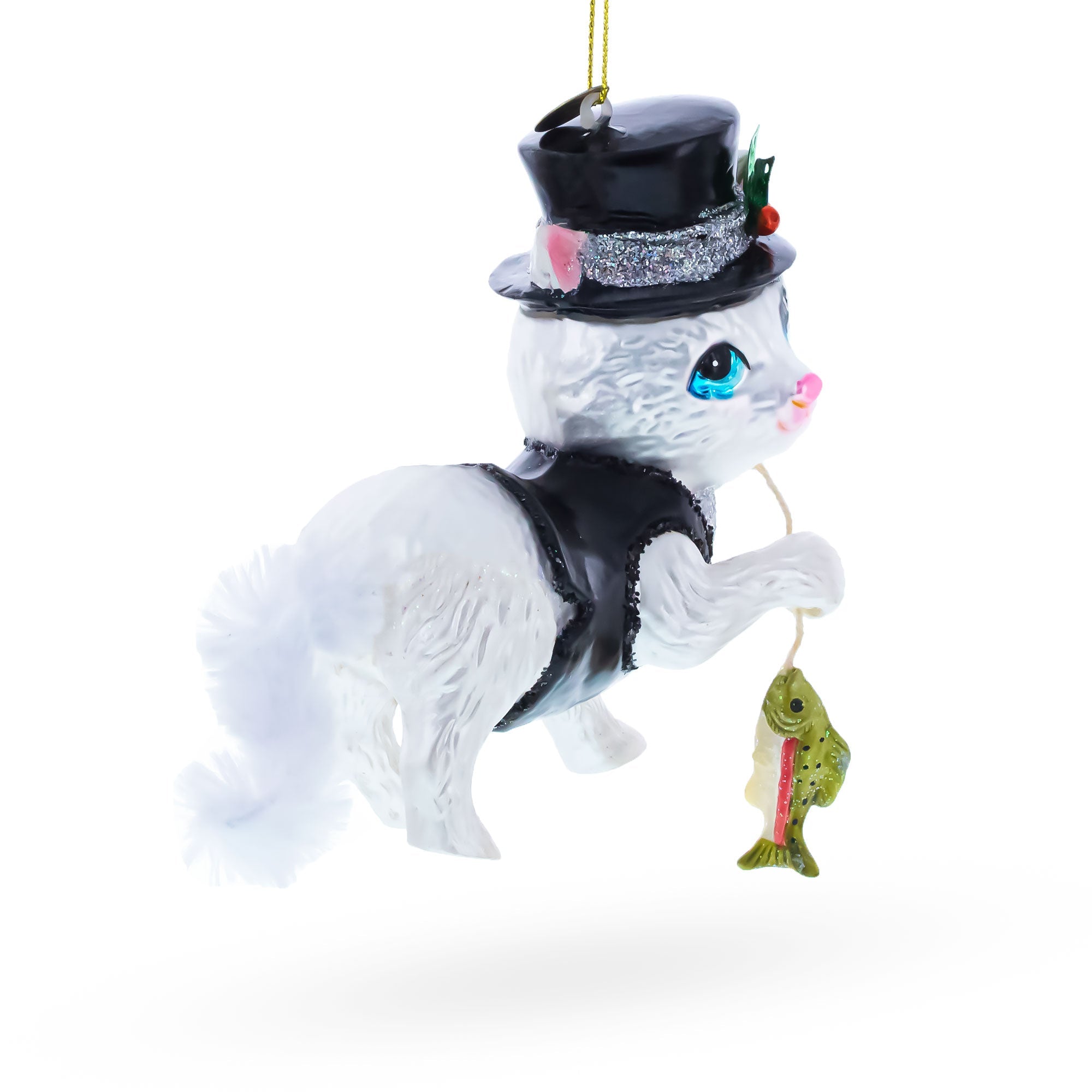 Cat in Black Costume Holding Fish Glass Christmas Ornament