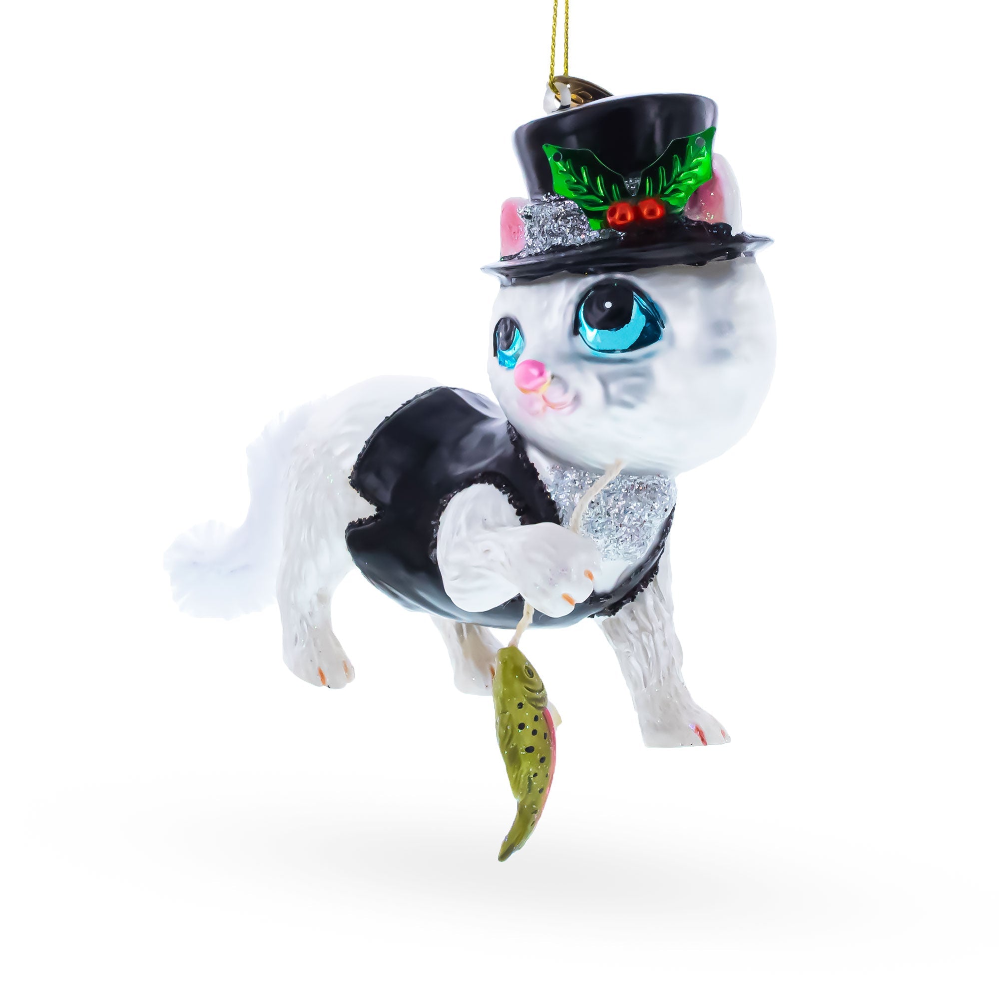 Cat in Black Costume Holding Fish Glass Christmas Ornament