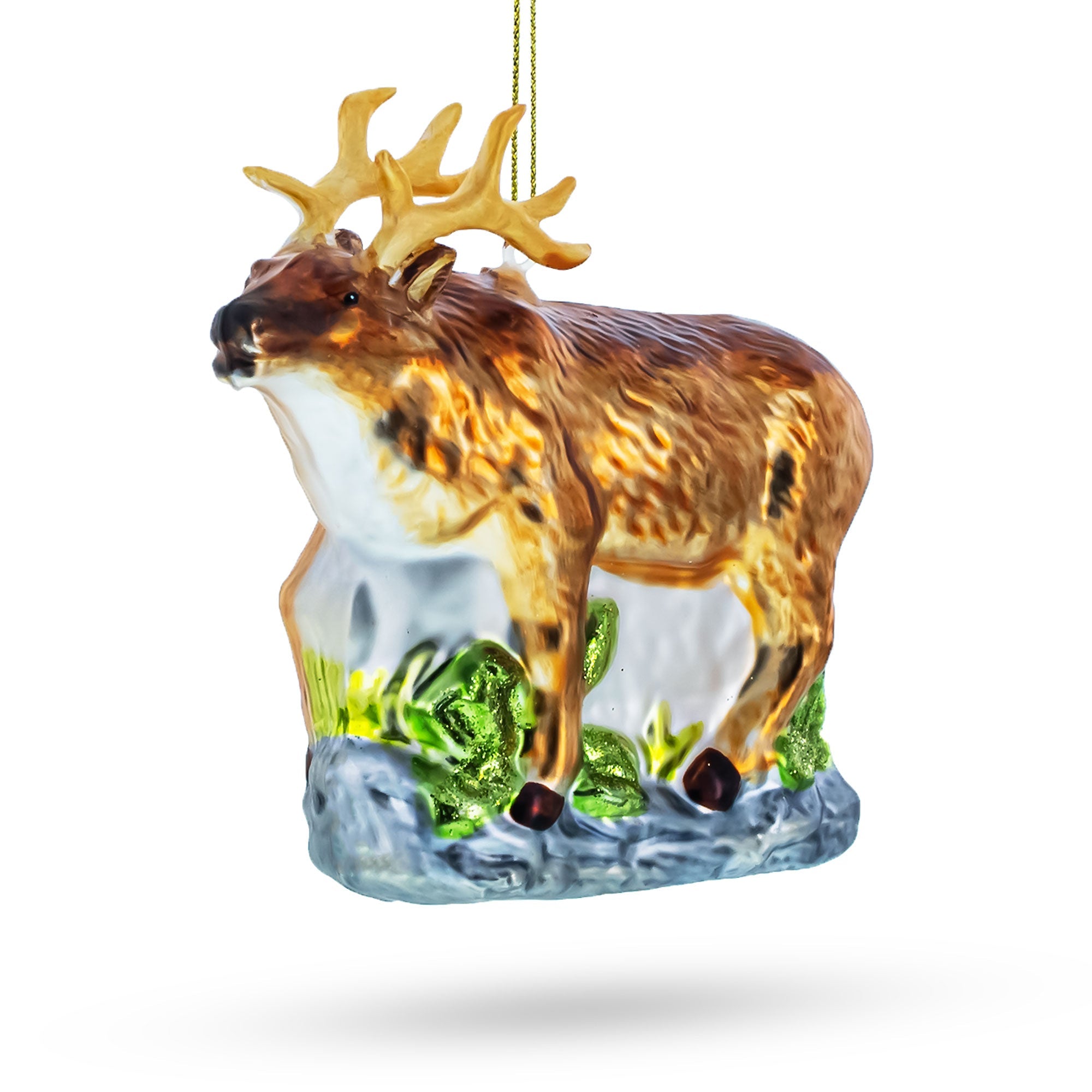 Reindeer on Grass Glass Christmas Ornament